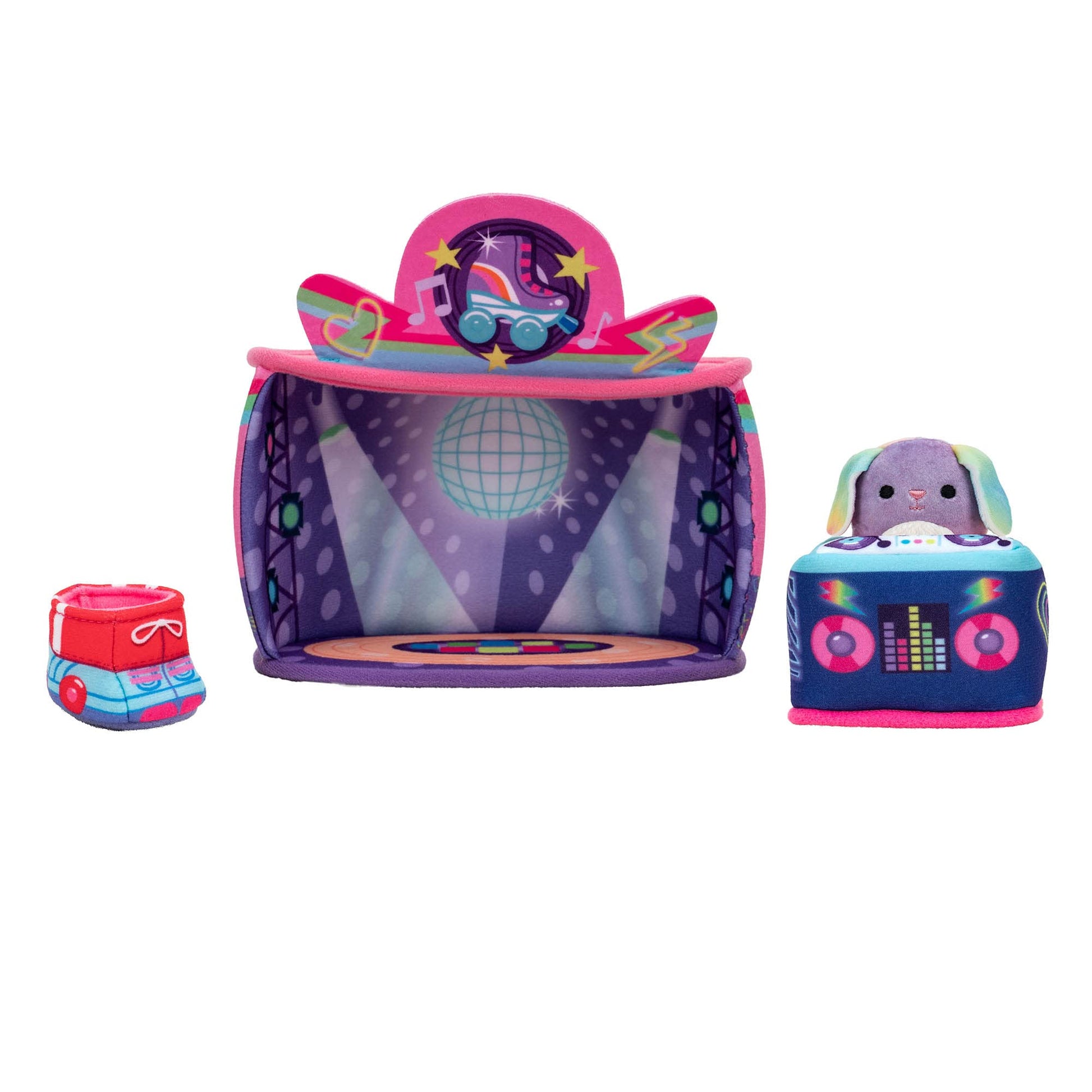 Squishville by Original Squishmallows Rock and Roller Disco Playset - Includes 2-Inch Danya The Bunny Plush, Roller Skates, DJ Booth, and Skating Rink