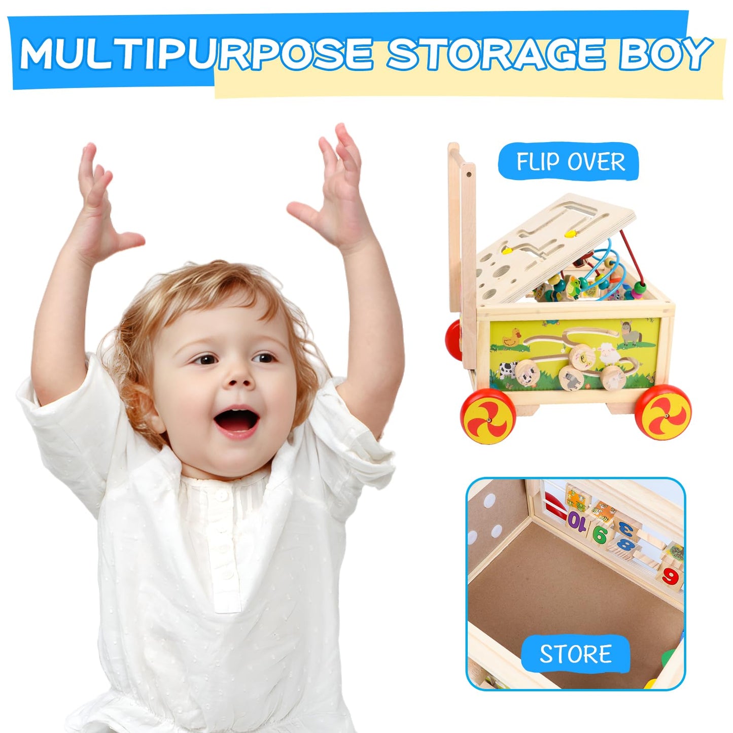 Wooden Activity Cube 7-in-1 Montessori Toy Multipurpose Educational Learning Toy for 1+ Year Old Baby Toddler Kid Boy First Birthday Gift Bead Maze