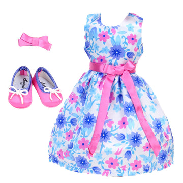 Sophia's 3 Piece Satin Floral Spring Dress, Hairpiece and Shoes for 14.5 Inch Dolls, Pink/Blue
