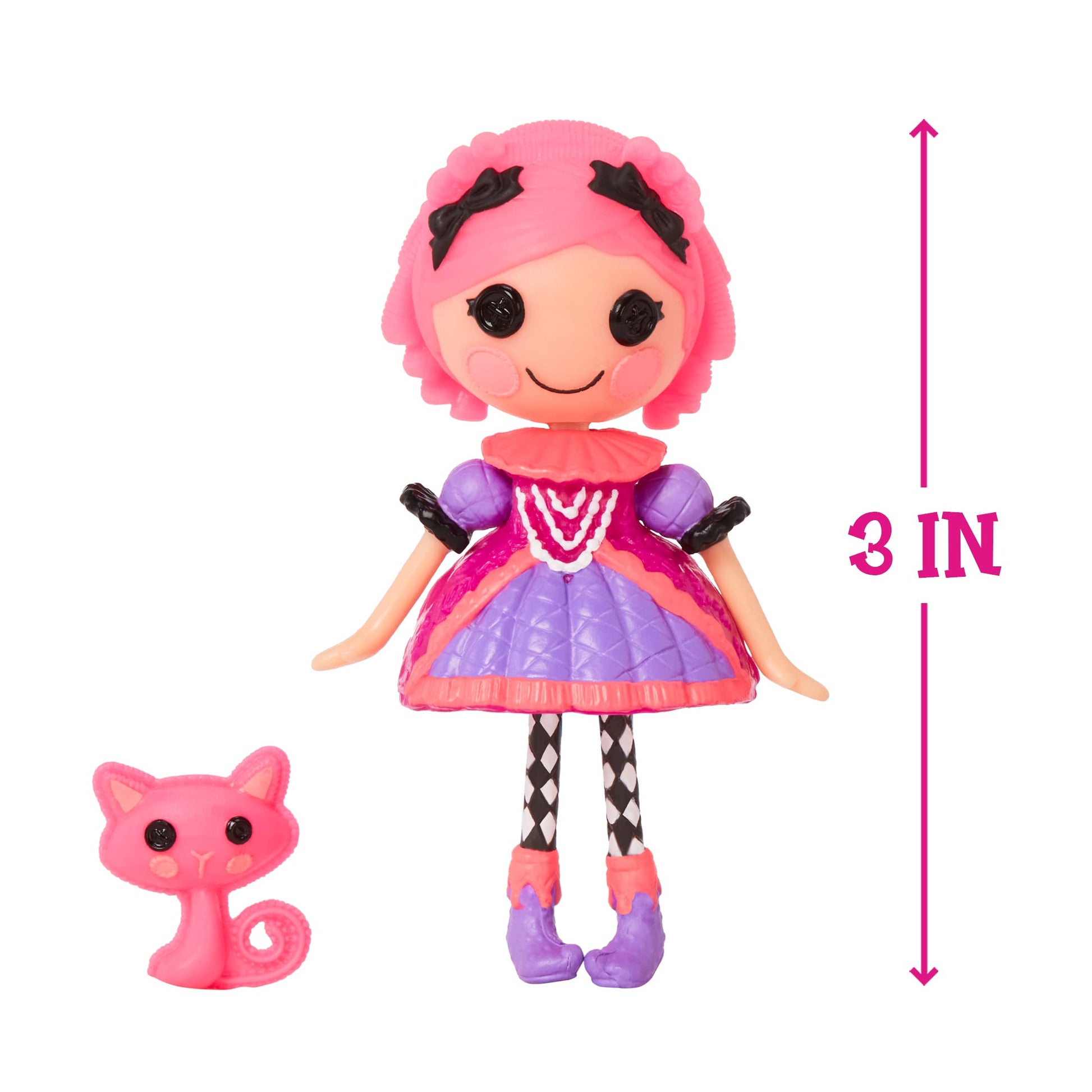 Mini Lalaloopsy Doll - Confetti Carnivale with Mini Pet Cat, 3" Masquerade Ball Party Theme Doll with Pink Hair & Accessories in Reusable Package