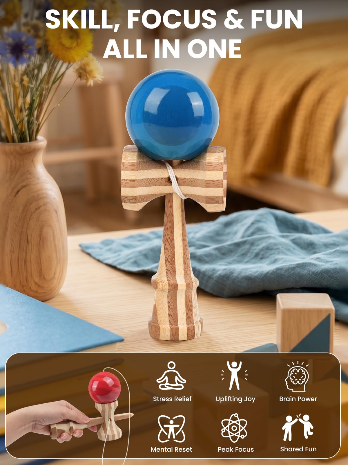 Bamboo Kendama, Traditional Japanese Skill Toy for Kids & Adults(Red&Blue)