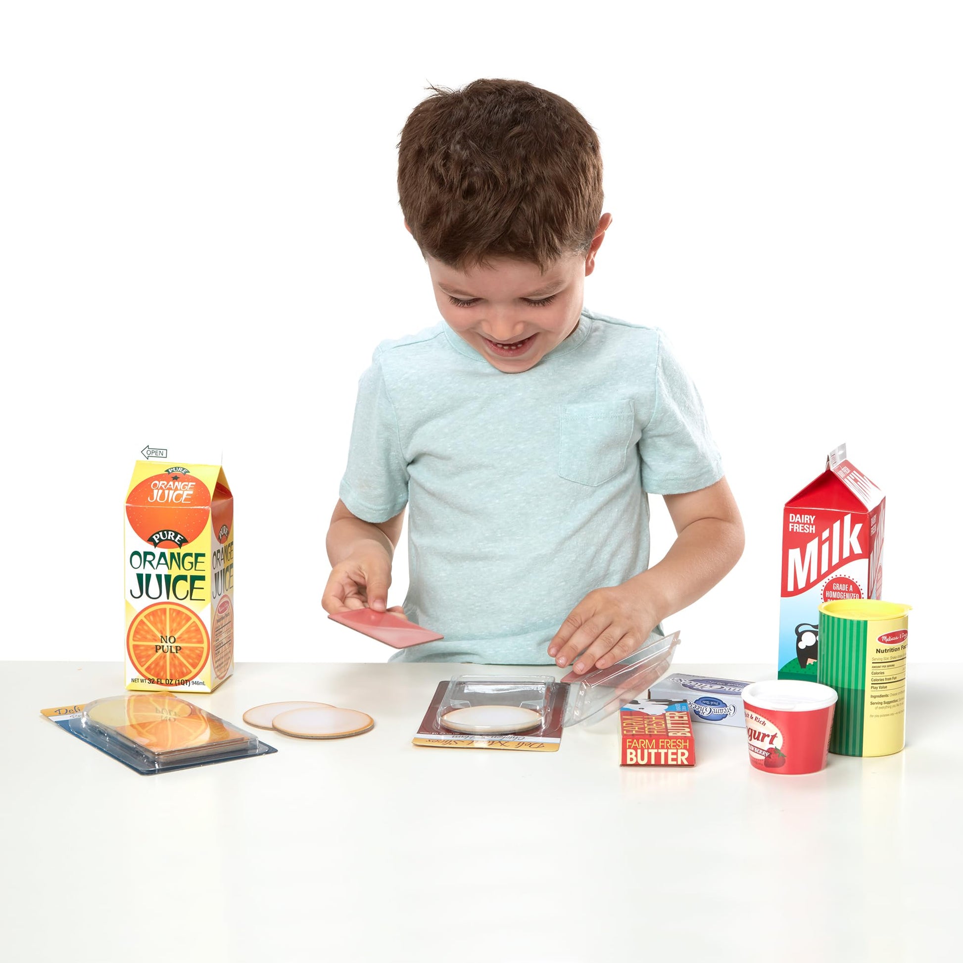 Melissa & Doug Fridge Fillers Grocery Play Food Cartons (8 Pieces) Wooden Toy Groceries, Pretend Play Food, Kitchen Accessories for Kids Ages 3+ - FSC
