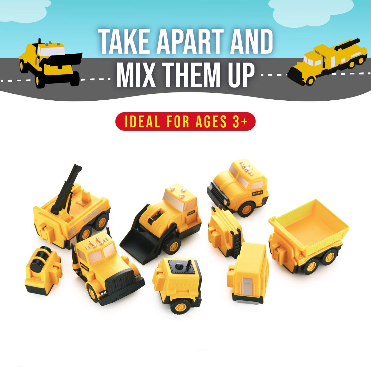 Popular Playthings Magnetic Vehicles for Toddlers 1-3, Mix or Match Car Toys, Set of 3 Gift for Kids - Construction Vehicles