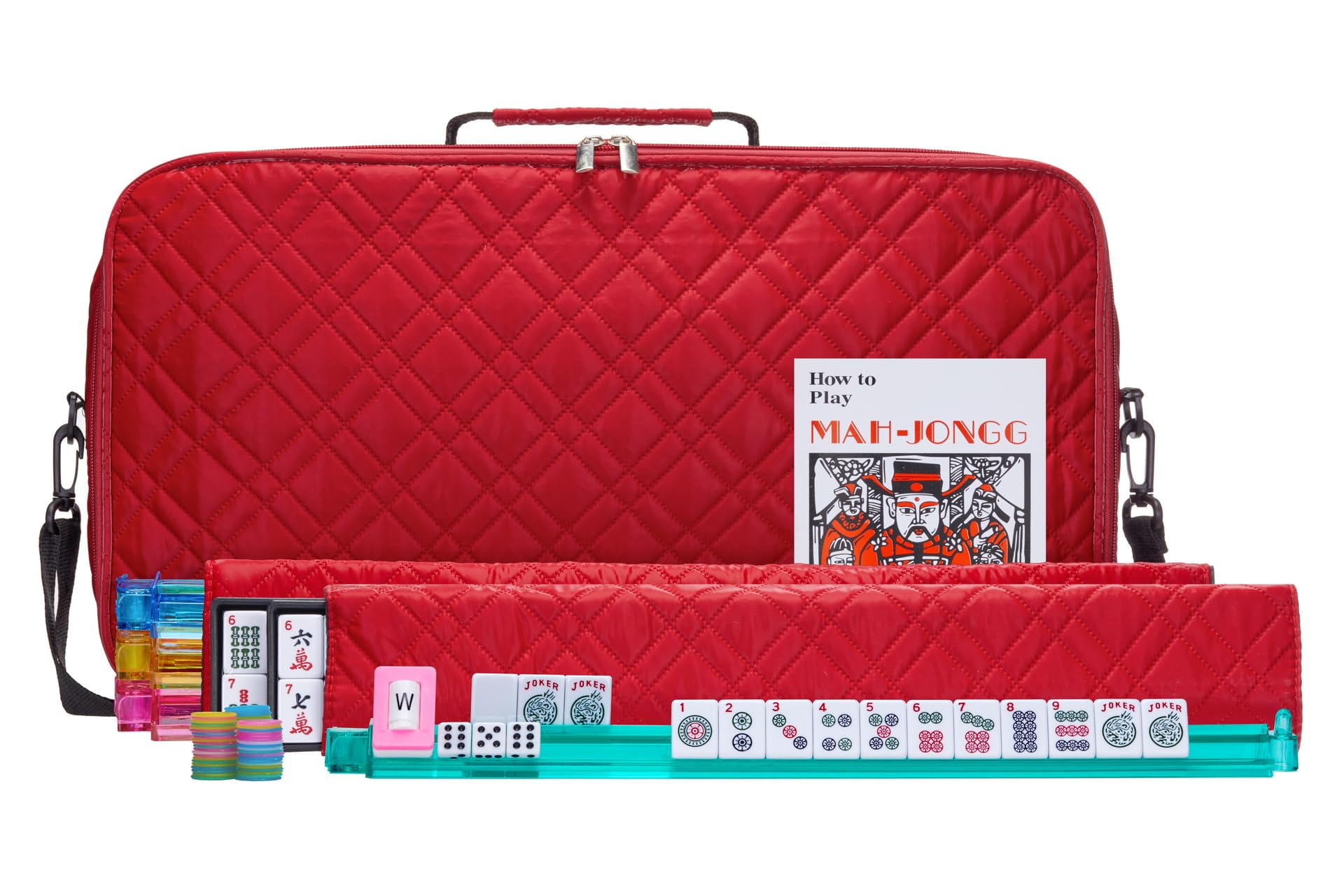American Mahjong Set “Red" - Quilted PU Leather Carrying Bag with Shoulder Strap & Handles, All-in-One Tile Racks with Pushers, 166 Engraved Tiles