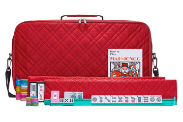 American Mahjong Set “Red" - Quilted PU Leather Carrying Bag with Shoulder Strap & Handles, All-in-One Tile Racks with Pushers, 166 Engraved Tiles