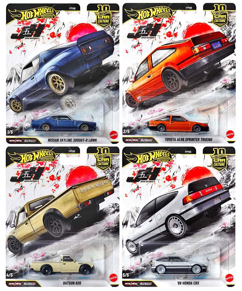 Hot Wheels Japan Historics 5 Premium Die-Cast Collection, 4 Pack Set with Nissan Skyline, Toyota Trueno, Datsun 620, Honda CRX, Car Culture Series
