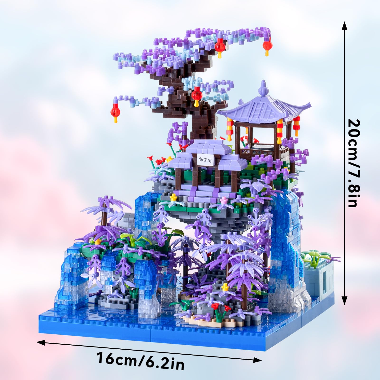 CAXIMSY Cherry Blossom Tree House Micro Building Blocks Set,Peach Blossom Pond Flowers Bricks Architecture Kit with LED Light Gifts for Adults