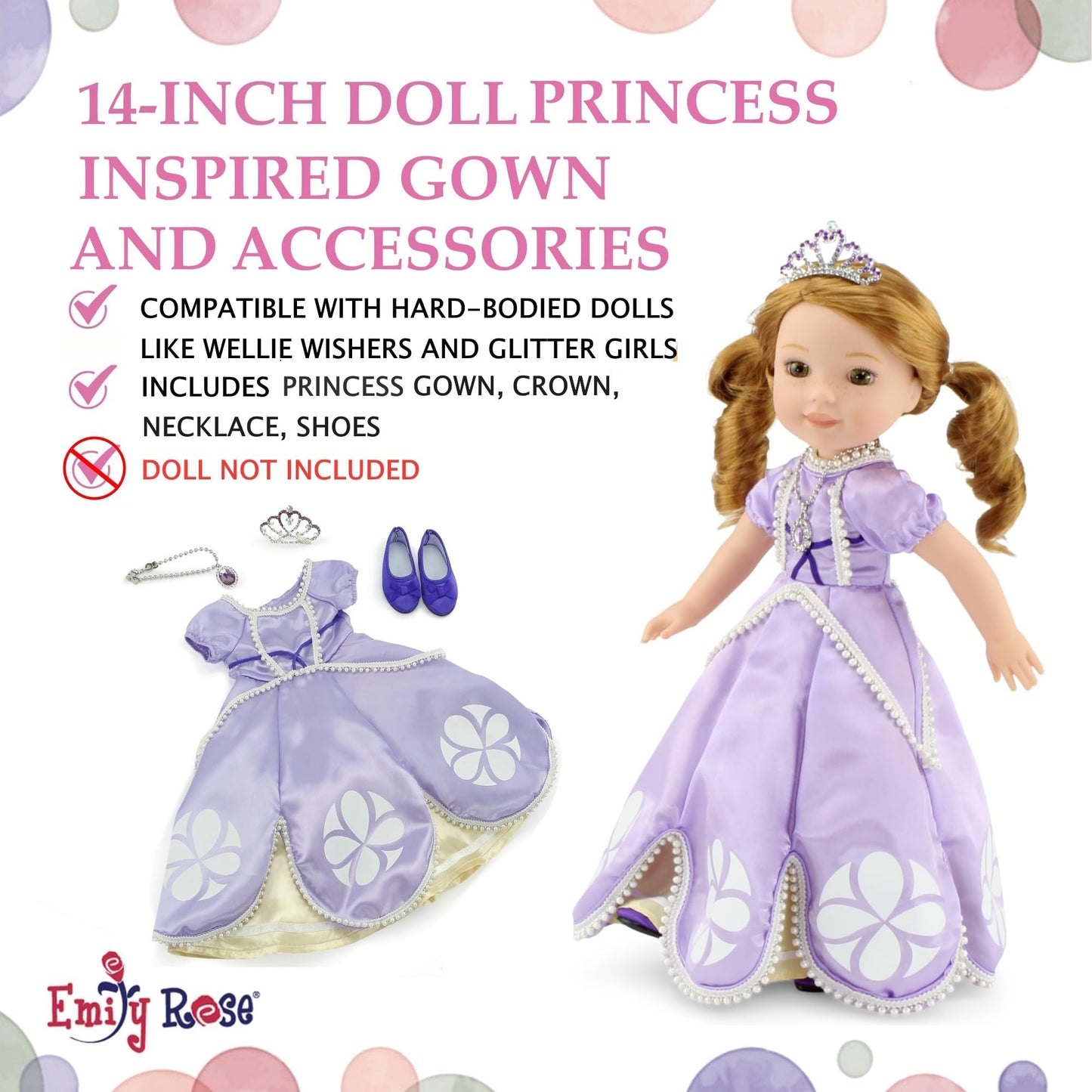 Emily Rose 14-inch Doll 10-PC Princess Costume Bundle | 2 Complete Fairytale Outfits with 2 Necklaces, Sparkling Crown, and Shoes | Compatible