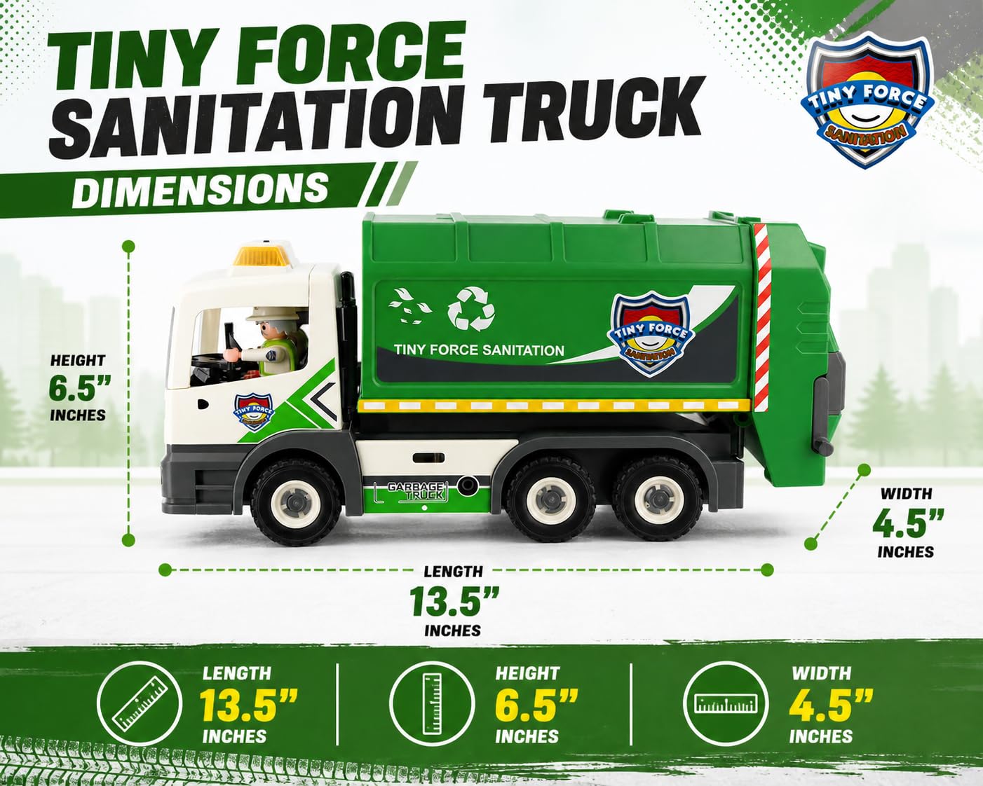 Tiny Force Garbage Truck Toy Set with 2 Action Figures, Dumpster, Trash Bin, Cleanup Accessories & Pretend Trash, Ages 4+