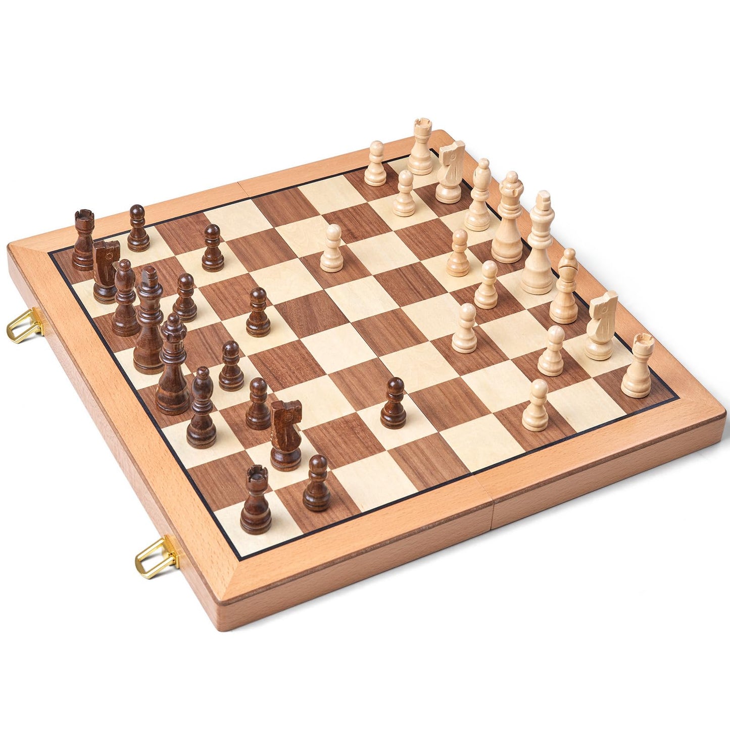 AMEROUS Magnetic Wooden Chess Set, 15 Inches Handmade Wooden Folding Travel Chess Board Game Sets with Chessmen Storage Slots for Kids and Adults, 2