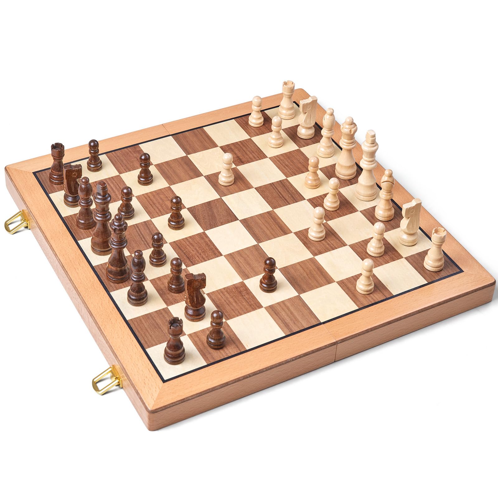 AMEROUS Magnetic Wooden Chess Set, 15 Inches Handmade Wooden Folding Travel Chess Board Game Sets with Chessmen Storage Slots for Kids and Adults, 2