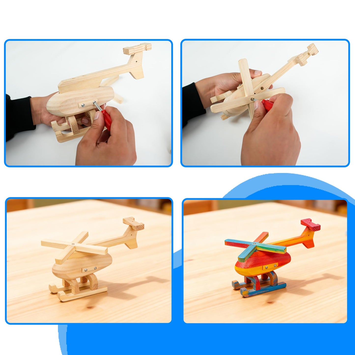 Easy Playhouse: Wood Building Toy Kit - DIY 3 Vehicle Projects: Helicopter, Truck & Excavator, 12 Paint Colors & 2 Brushes, Arts & Craft Set, Kids 8+