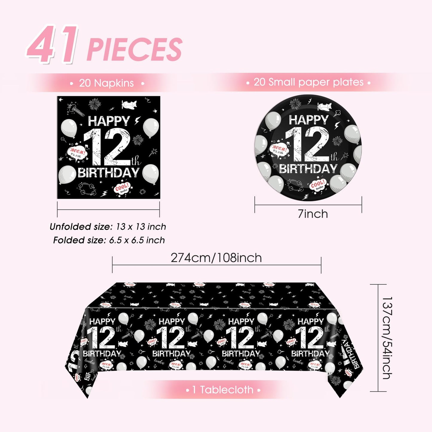 41Pcs 12th Birthday Decorations for Boys Girls,Black Bruh Im Happy 12 Birthday Tableware Set Include Black Plates and Napkins Party Supplies with 12