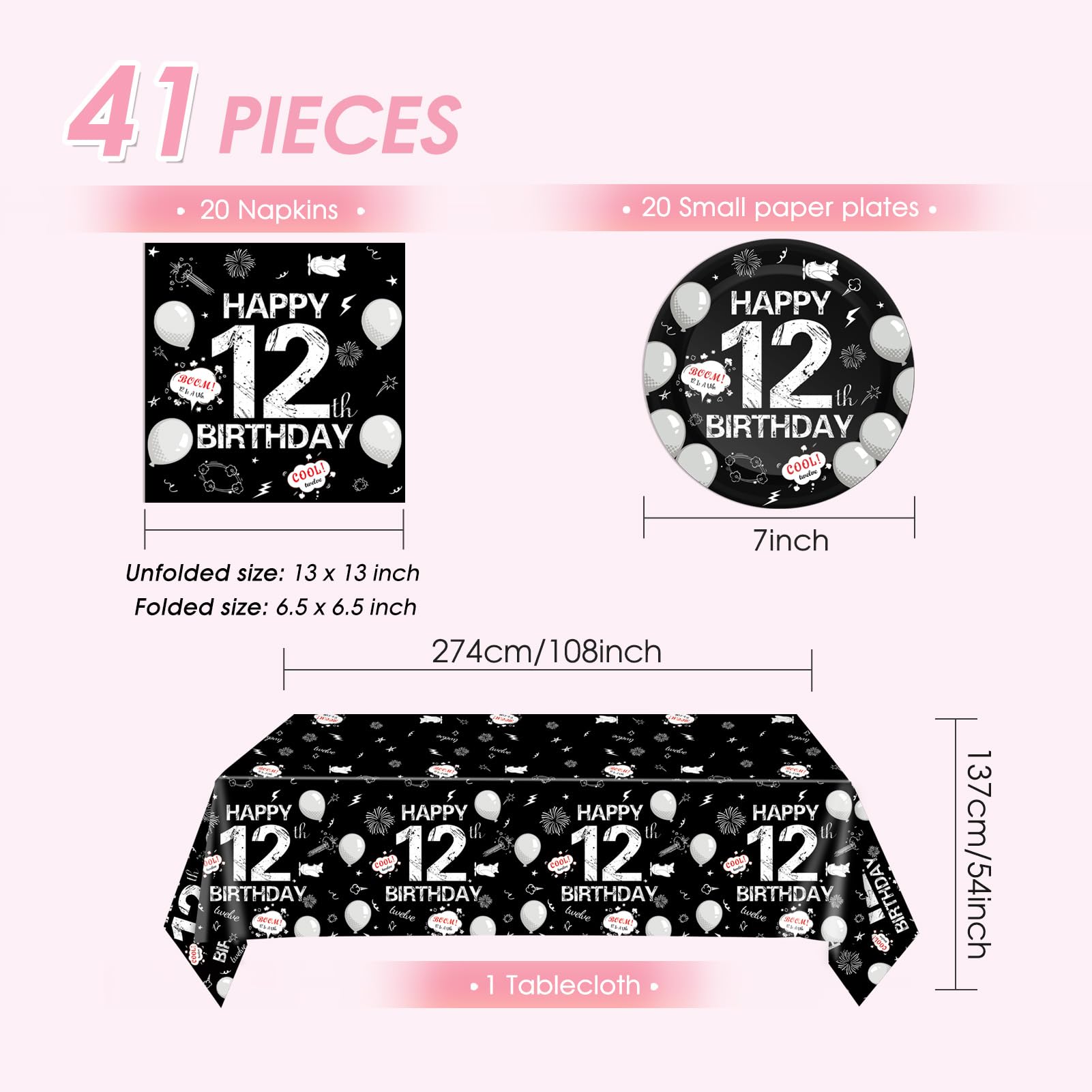41Pcs 12th Birthday Decorations for Boys Girls,Black Bruh Im Happy 12 Birthday Tableware Set Include Black Plates and Napkins Party Supplies with 12