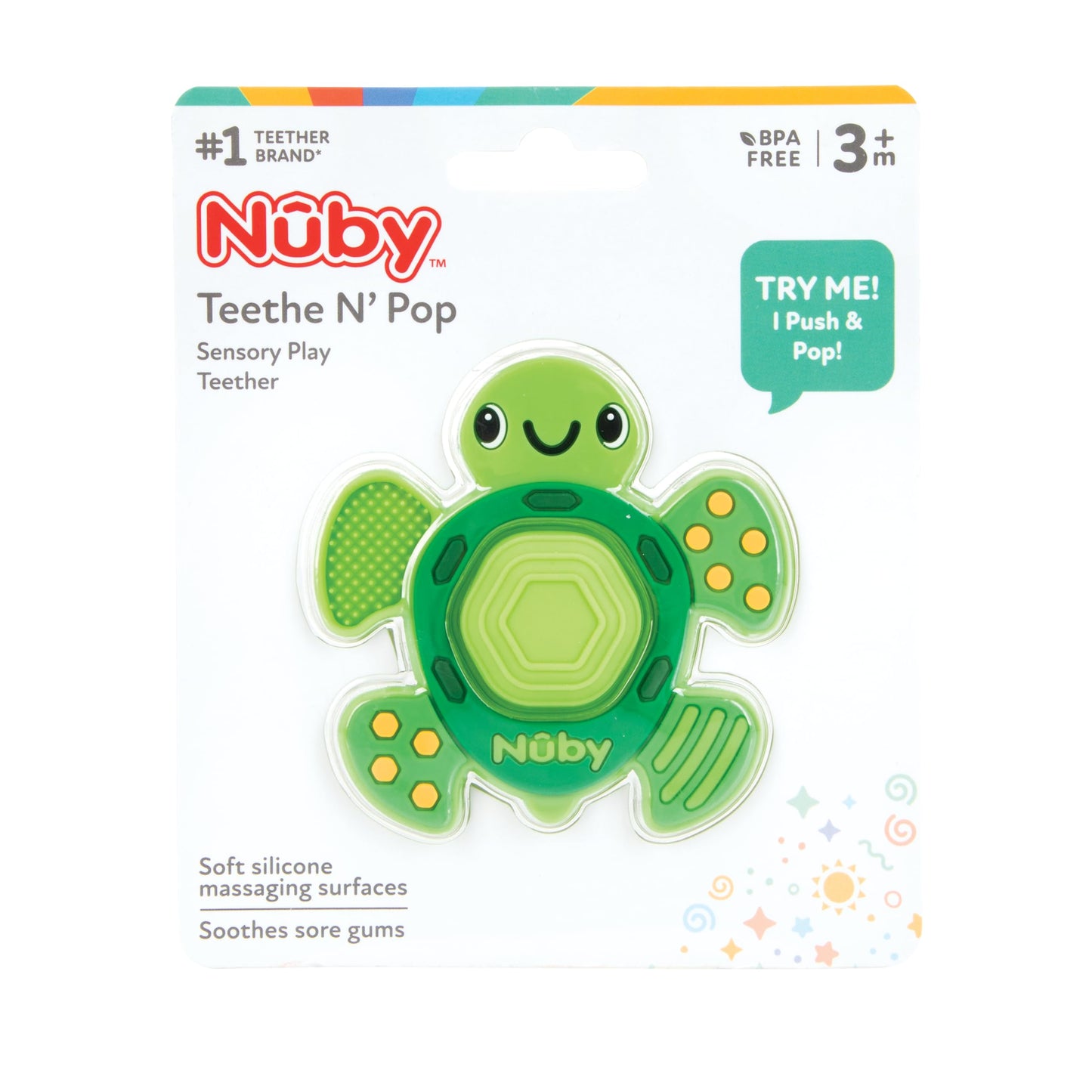 Nuby Teethe N' Pop Sensory Play Teether - Baby Teething Toy - 3+ Months - Turtle