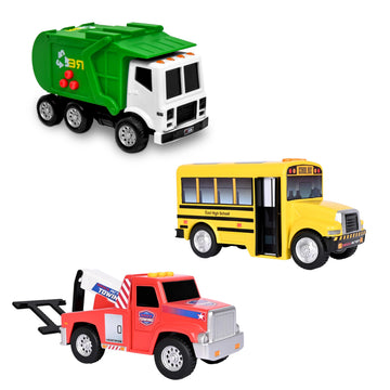 Maxx Action 3 Pack Mini Lights and Sounds Citi Vehicles - Tow Truck, School Bus and Recycle Truck