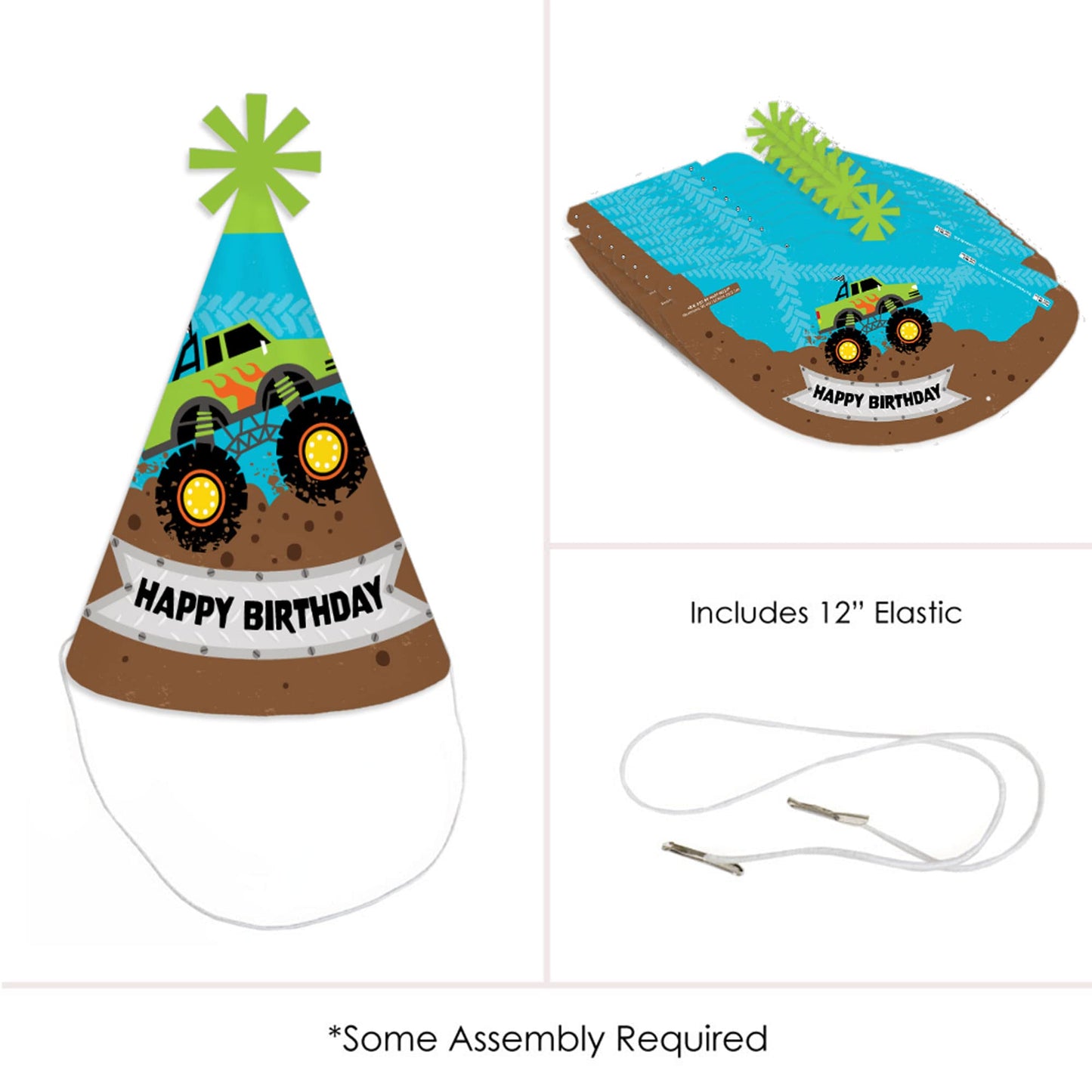 Big Dot of Happiness Smash and Crash - Monster Truck - Cone Happy Birthday Party Hats for Kids and Adults - Set of 8