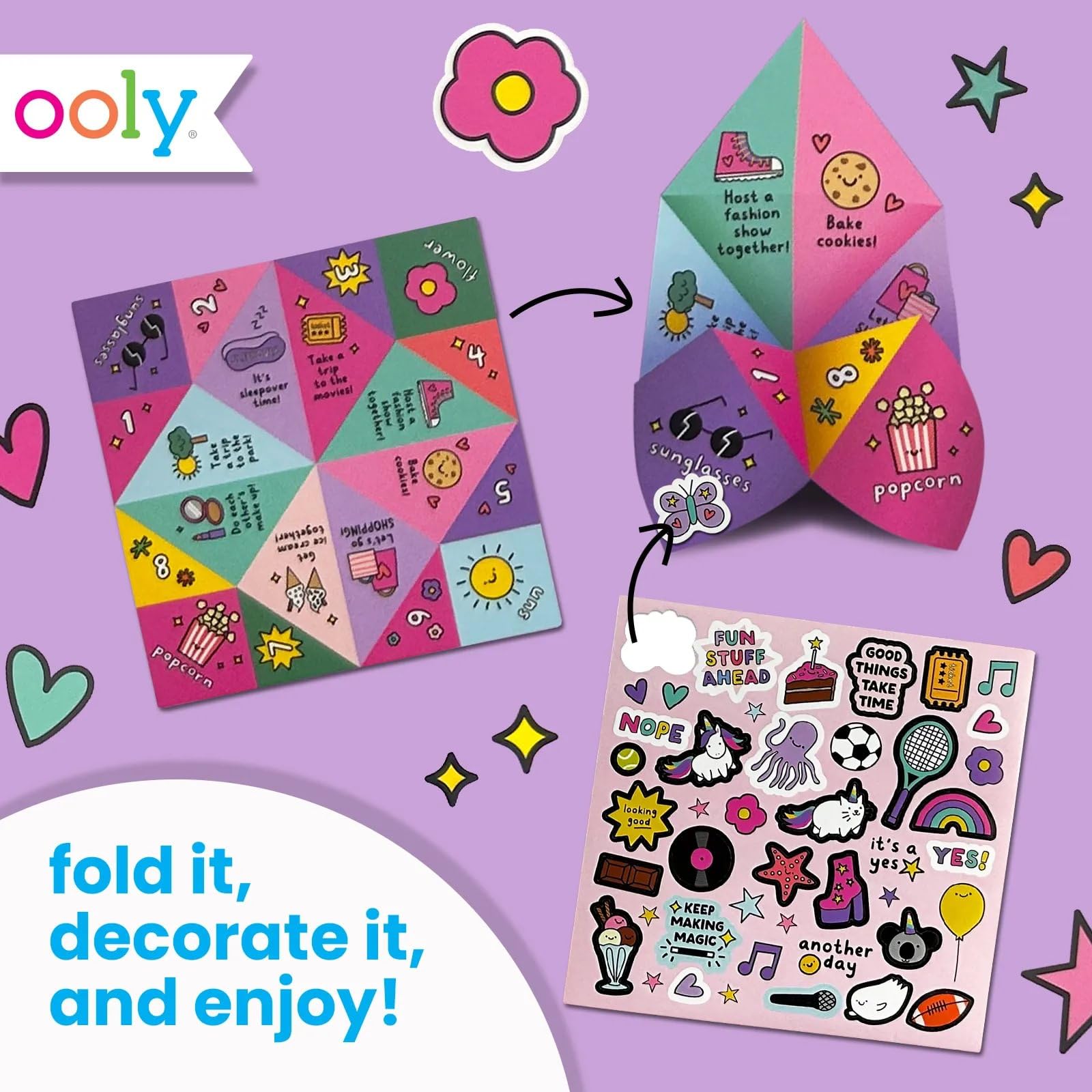 Ooly DIY Paper Kit, 24 Fortune Teller Designs & Stickers, Kit Includes 12 Completed, 6 Blank and 6 Color-in Folding Fortune Teller, Activity Gifts