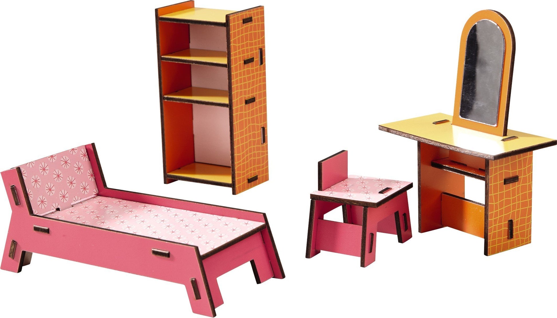 HABA Little Friends Beauty Corner - 4 Pc Dollhouse Furniture Set with Bed & Vanity