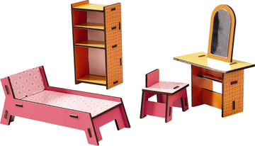 HABA Little Friends Beauty Corner - 4 Pc Dollhouse Furniture Set with Bed & Vanity