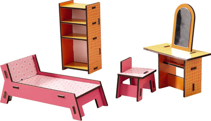 HABA Little Friends Beauty Corner - 4 Pc Dollhouse Furniture Set with Bed & Vanity