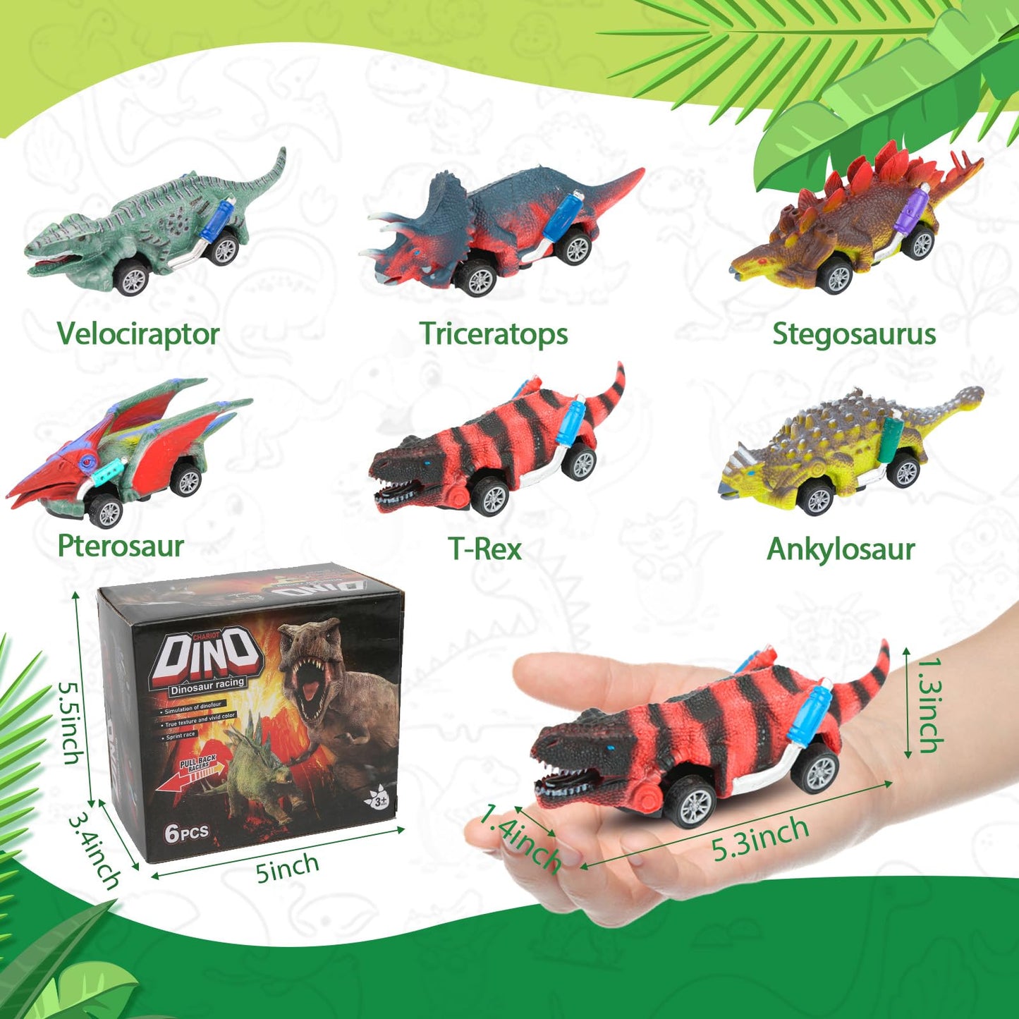 EASYFUN Dinosaur Toys for Kids 3-5 Pull Back Toy Cars 6 Pack Dino Toys for 3 4 5 and Up Boys Girls Dinosaur Games with T-Rex Dinosaur Toy Cars Gift