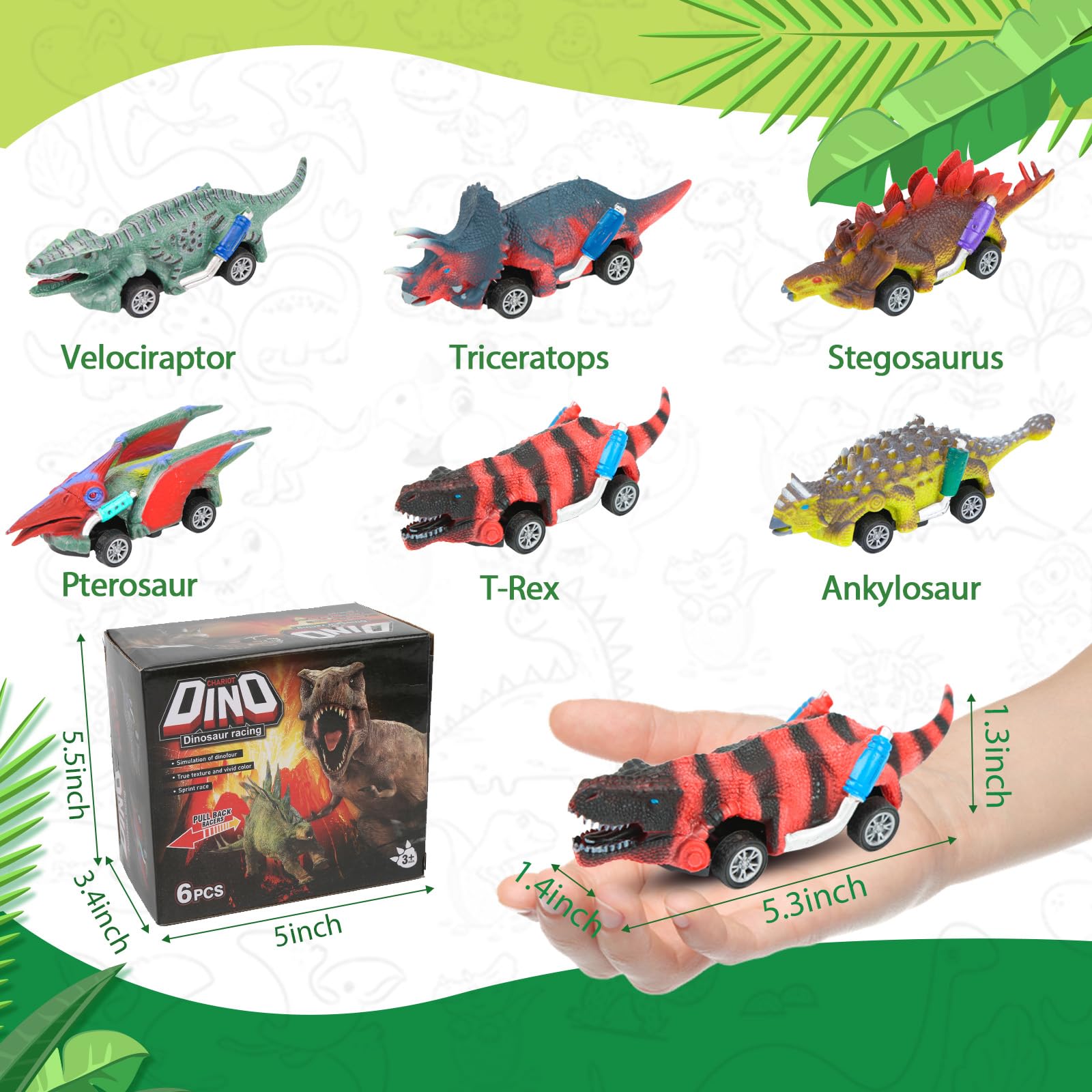 EASYFUN Dinosaur Toys for Kids 3-5 Pull Back Toy Cars 6 Pack Dino Toys for 3 4 5 and Up Boys Girls Dinosaur Games with T-Rex Dinosaur Toy Cars Gift