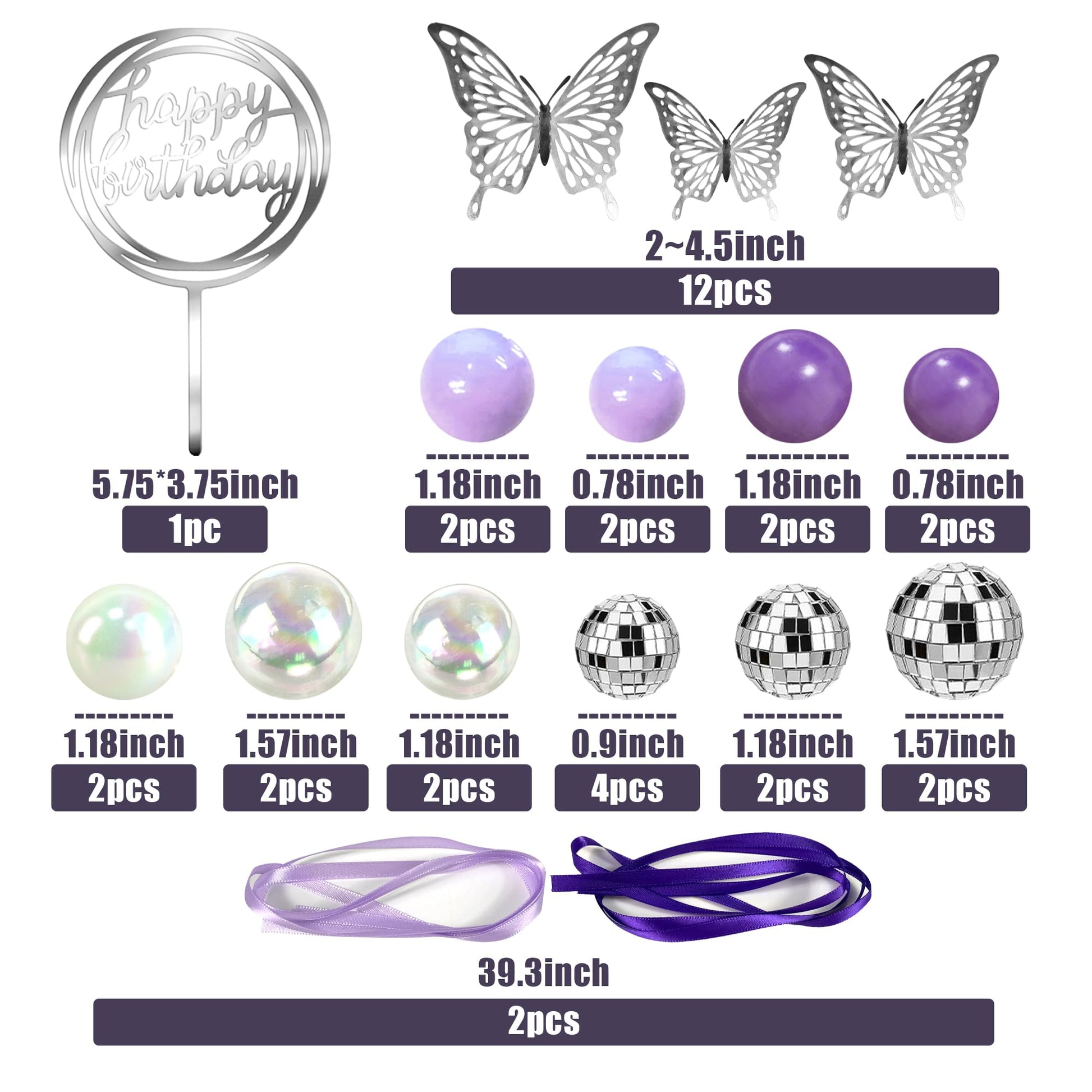 Disco Ball Cake Topper Purple and Transparent Pearl Balls Decorations with Silver Butterfly for 70s 80s Disco Dance Music Birthday Supplies