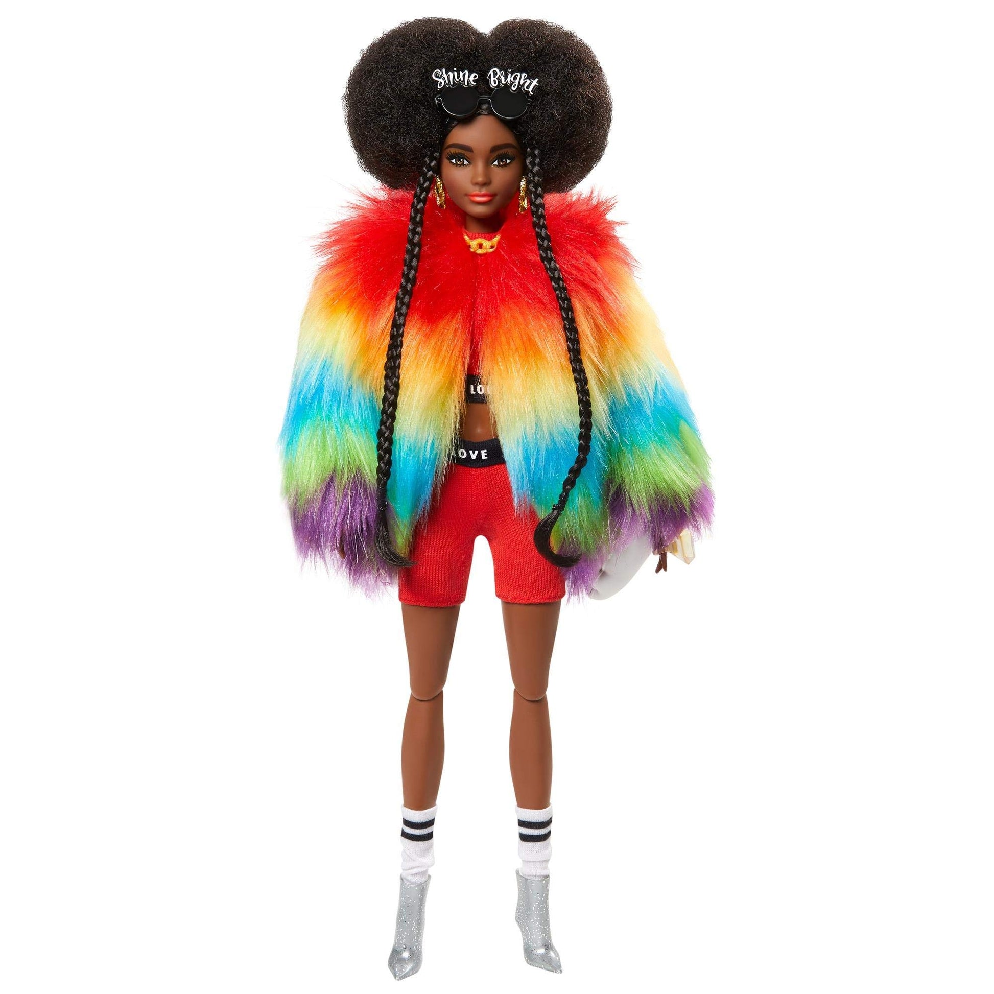 Barbie Extra Doll and Accessories with Afro-Puffs in Shaggy Rainbow Coat & Athleisure Look with Pet Poodle