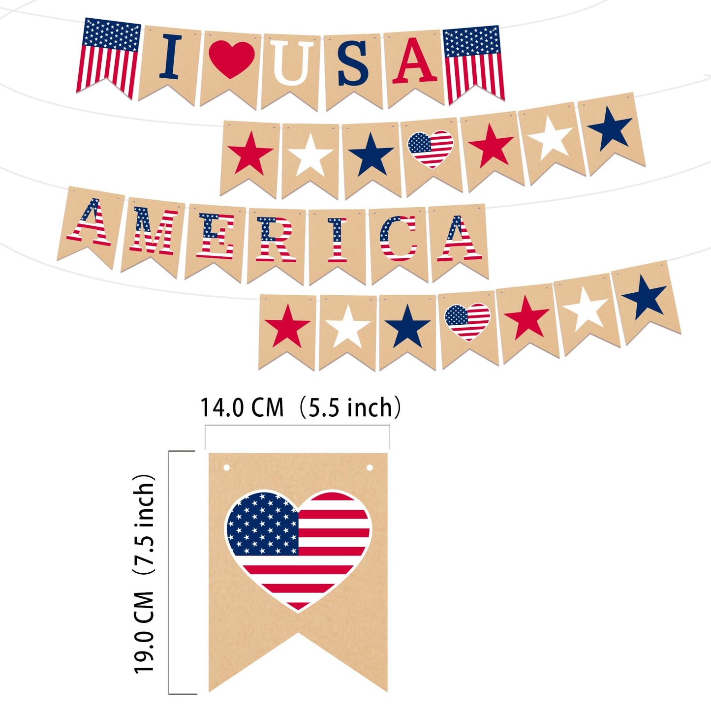 4th of July Banner Decoration, Pre-Strung Double-sided American Flag Paper Bunting, Red White Blue Independence Day Garland for Labor Day Veterans Day