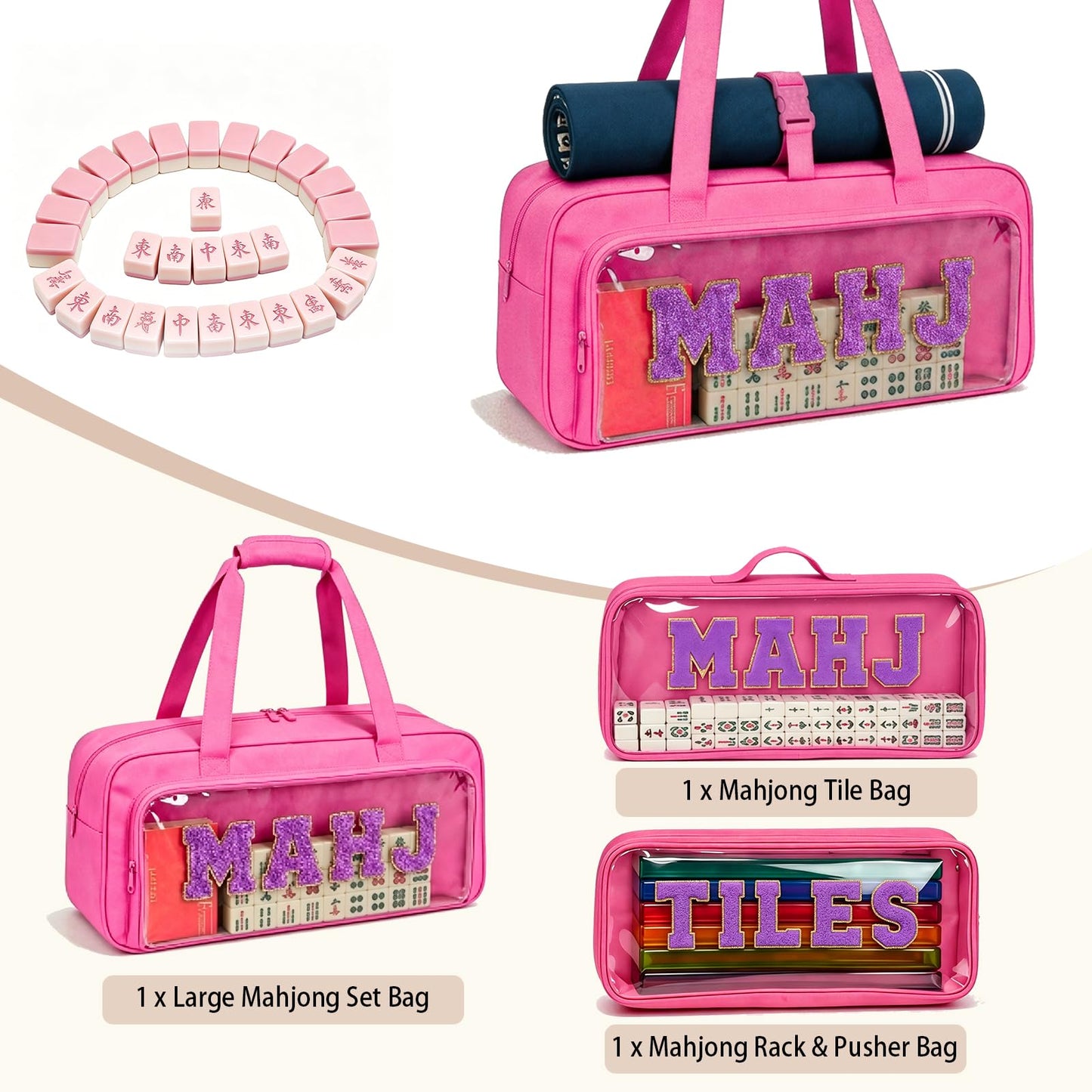 3pcs Empty Mahjong Bag, American Mahjong Set Bag for Tiles and Racks, Canvas Tote Bag with Mat Holder Magic Tape and Sewn Chenille Letter, Zippered
