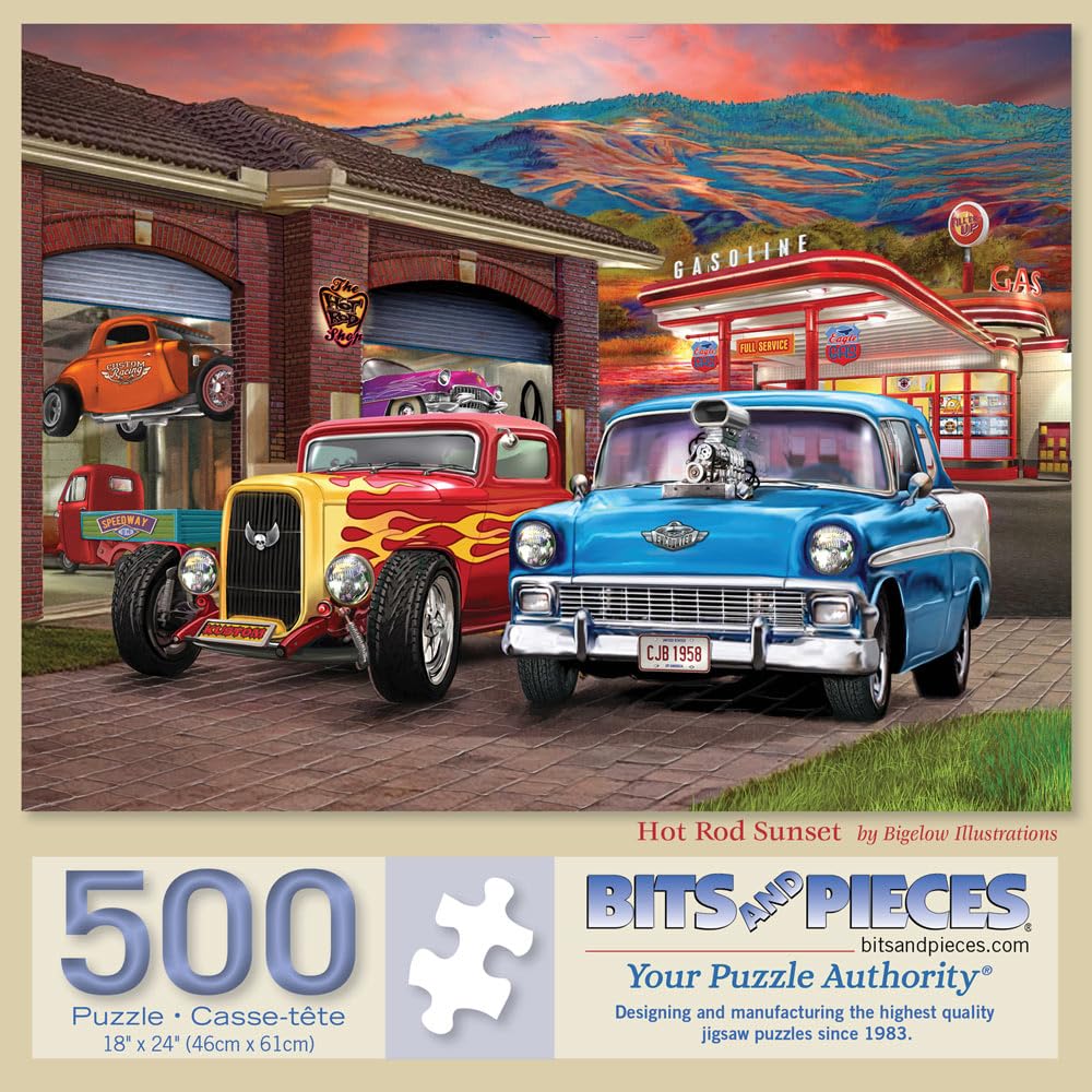 Bits and Pieces 500 Piece Puzzles for Adults - Large 18" x 24" Jigsaw Puzzles 500 Pieces Classic Cars Hot Rods, Random Die Cut, No 2 Pieces Alike, Hot