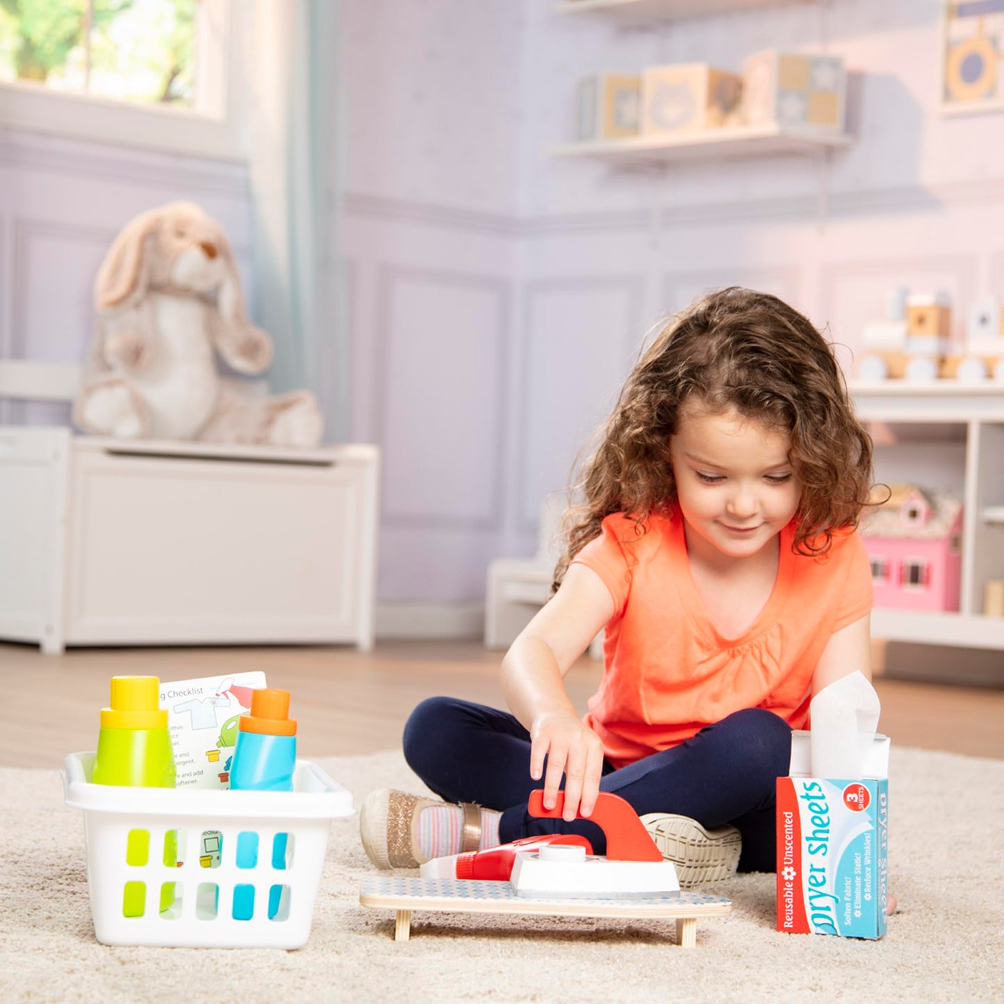 Melissa & Doug Laundry Basket Play Set with Wooden Iron, Ironing Board, and Accessories (14 Pcs) Pretend Play Laundry Set for Kids with Iron