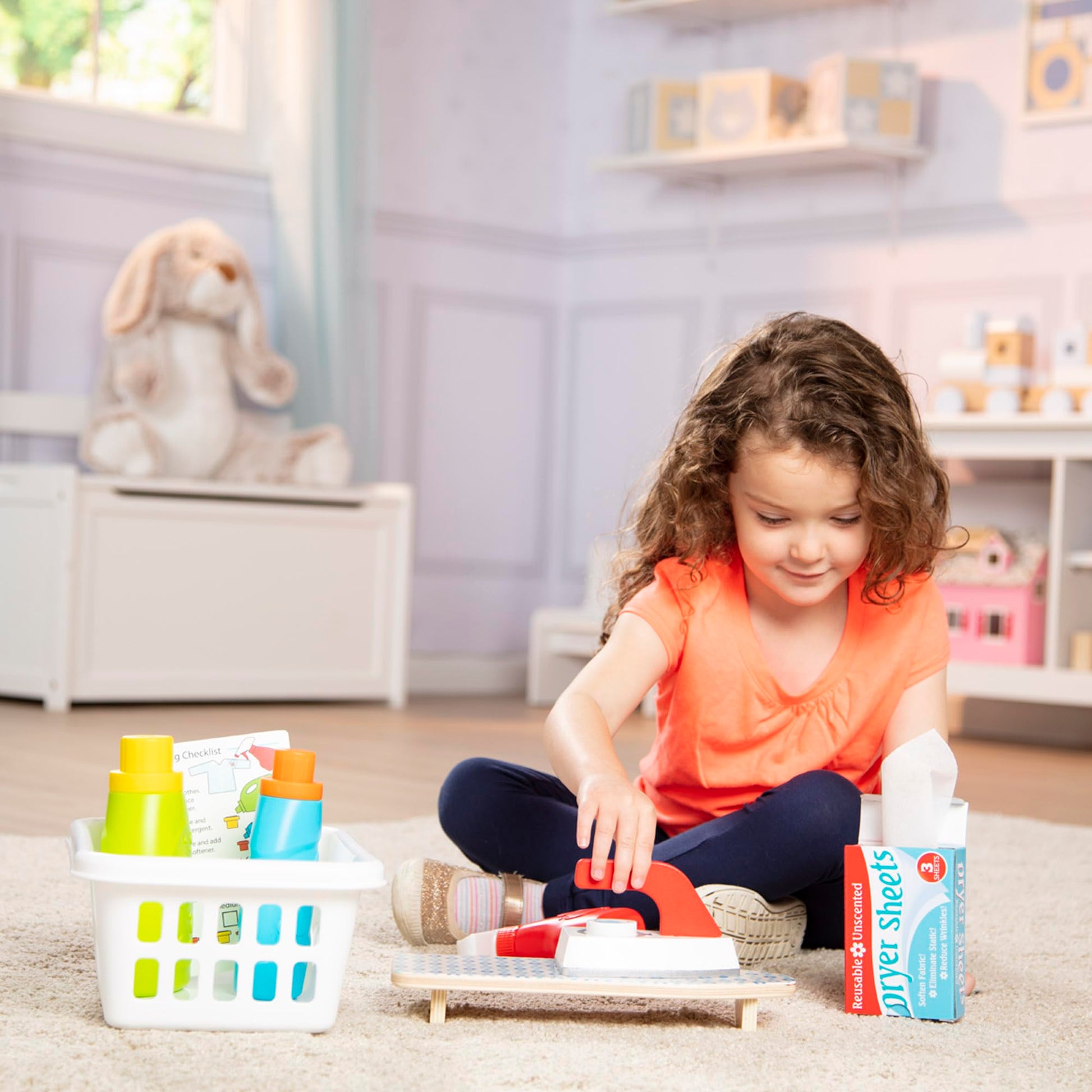 Melissa & Doug Laundry Basket Play Set with Wooden Iron, Ironing Board, and Accessories (14 Pcs) Pretend Play Laundry Set for Kids with Iron