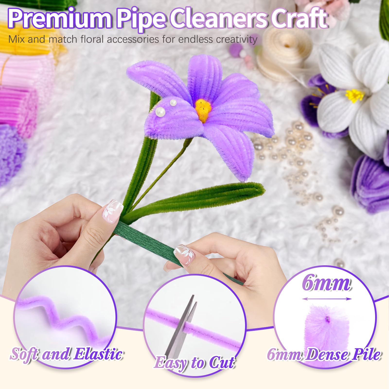 500Pcs Pipe Cleaners Craft - All-in-One DIY Flower Making Kit with 5 Colors Chenille Stems, Floral Stem Wires, Floral Tape, Stamens, Ribbon, Pearl