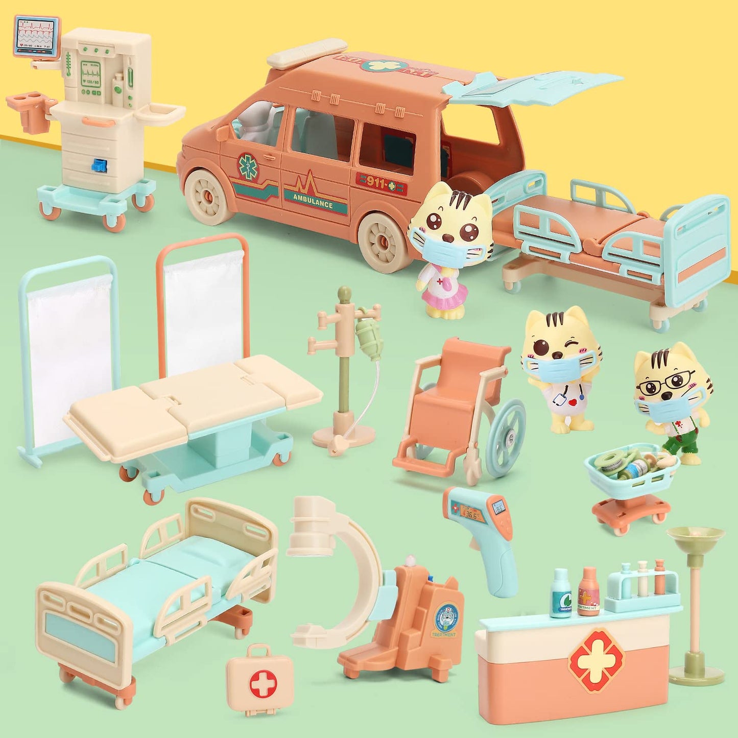 BananMelonBM Cat Dolls Doctor Pet Pretend Play Toys, Figures Playset Toy, Hospital and Ambulance Toy with Lights and Sound, Educational Toys, Gift