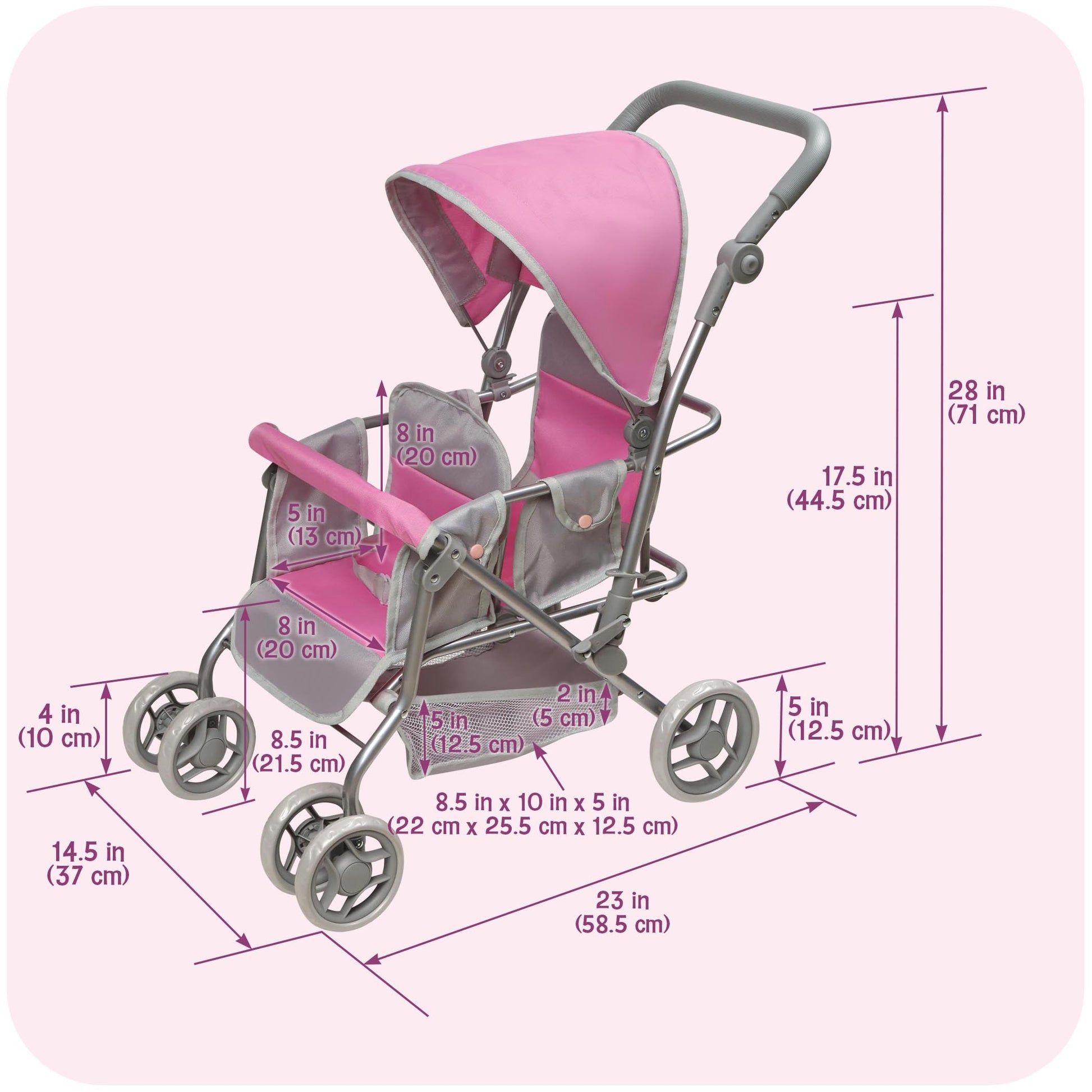 Badger Basket Double Doll Stroller - Pram for Baby Doll with Adjustable Seats & Storage Basket - Fits Doll Up to 20 Inches - Best for Toddler and Kid