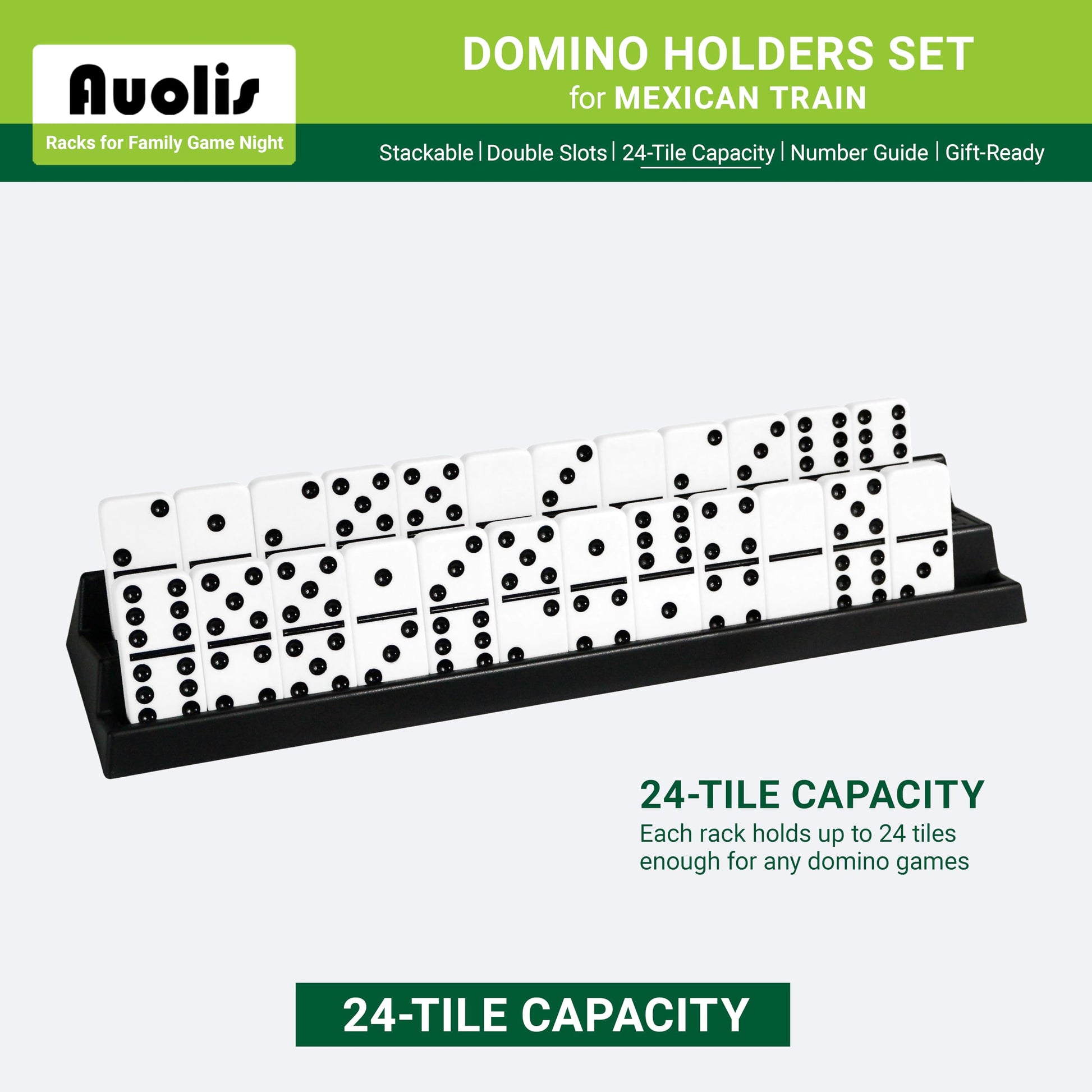 Auolis Domino Holders for Mexican Train, Set of 4 Stackable Trays, 24-Tile Capacity Each, Plastic Racks for Family Game Night