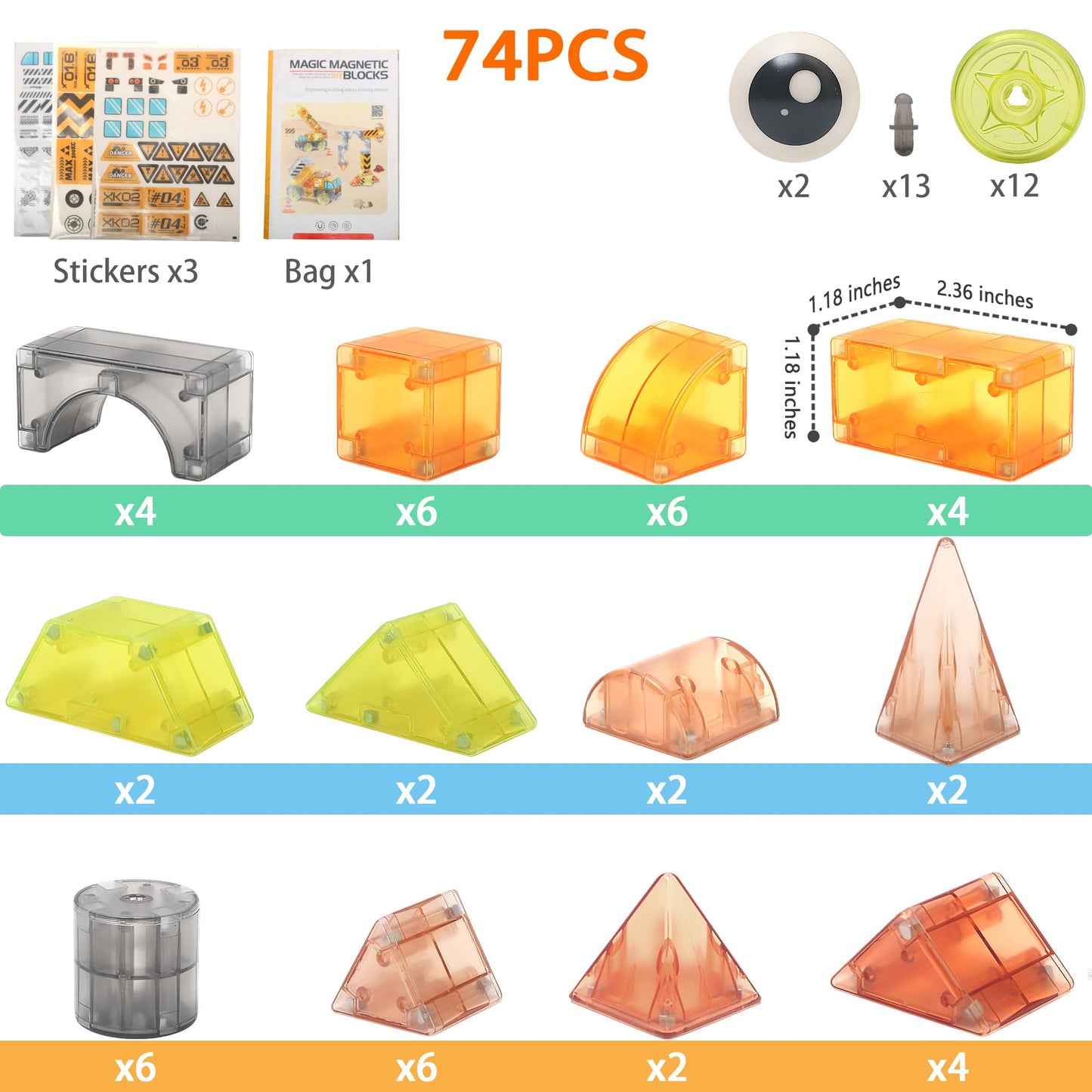 SHYMAGICRZ 74PCS Engineering Series Magnetic Tiles, Magnetic Construction Blocks - Build Excavator, Crane & Dump Truck, STEM Toys Gift Box for Ages