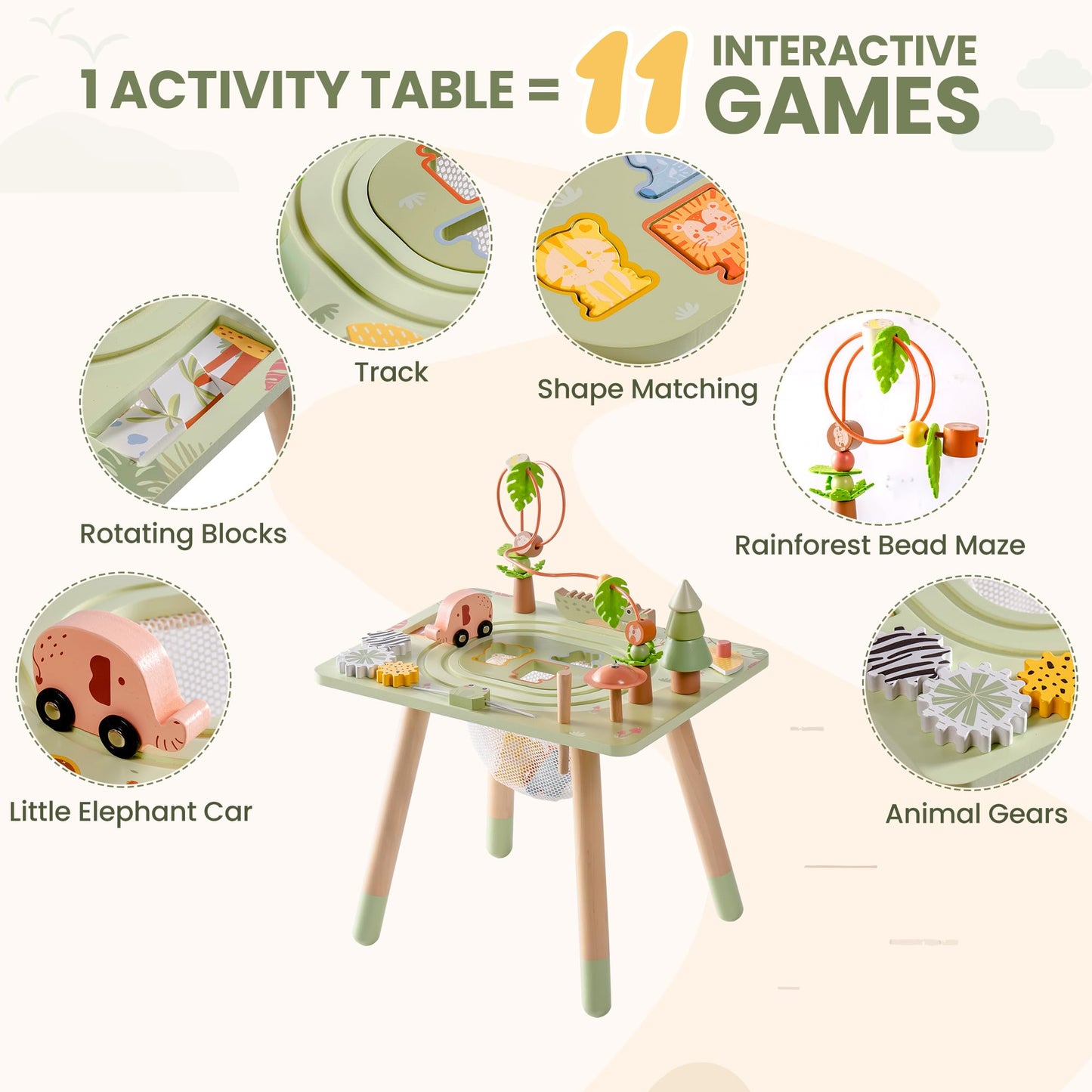 ROBUD Activity Table, 11-in-1 Montessori Learning Table with Bead Maze, Gears, Track, Shape Matching, Storage & More, Wooden Montessori Toys