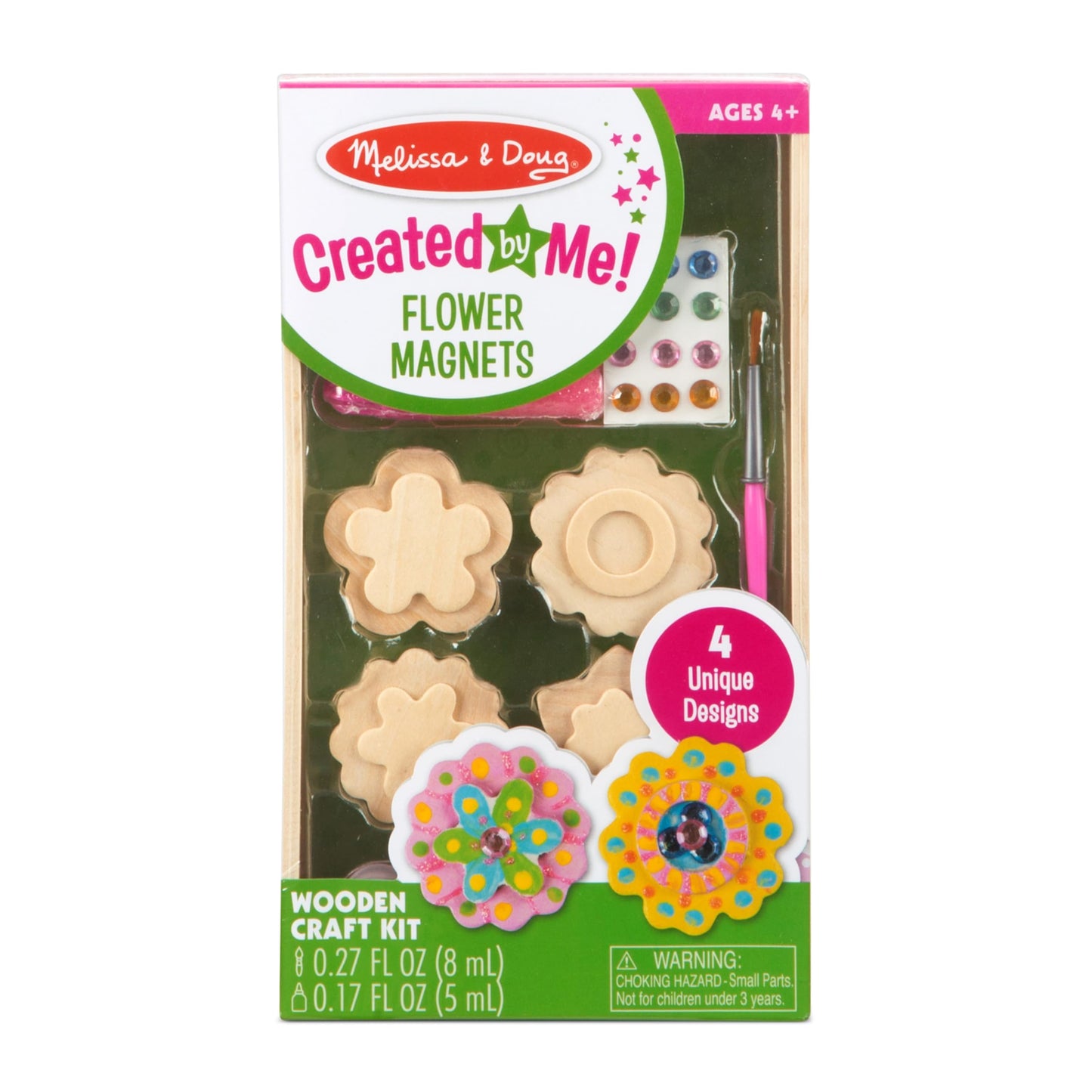 Melissa & Doug Created by Me! Flower Wooden Magnets Craft Kit (4 Designs, 4 Paints, Stickers, Glitter Glue)