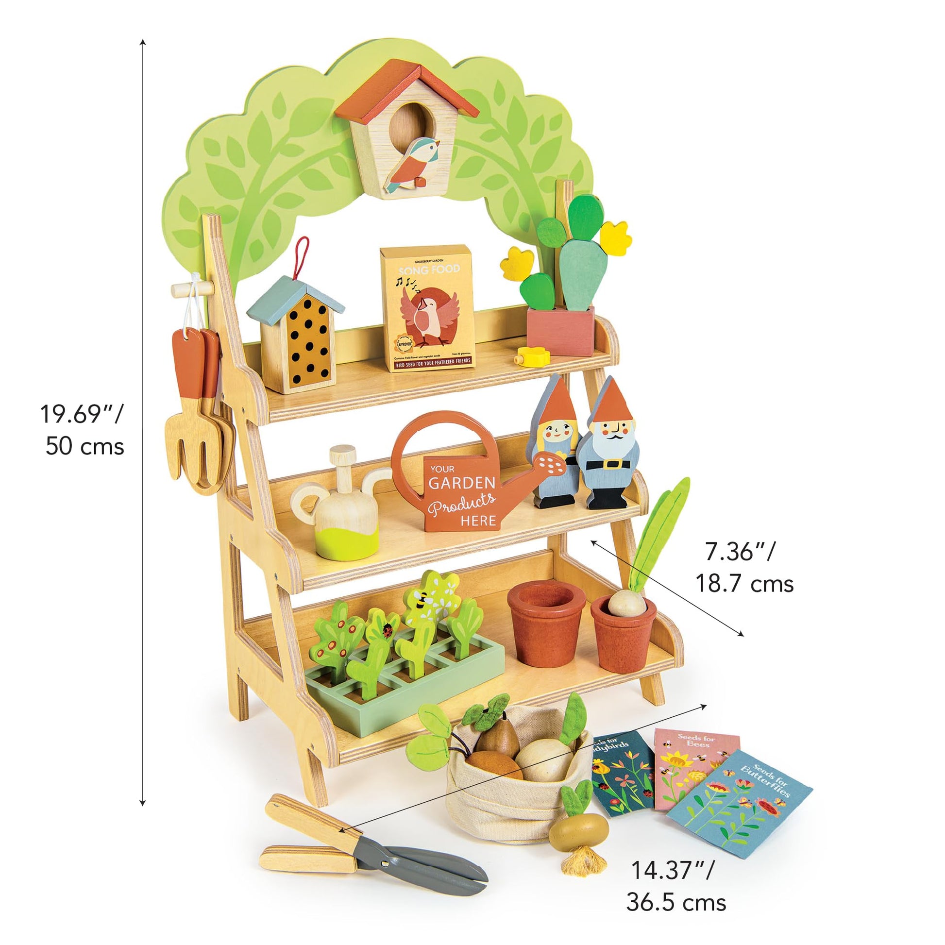 Tender Leaf Toys - Garden Centre - Wood Pretend Play Gardening Set Including Tools, Bird House, Gnomes and Accessories - Encourages Imaginative Play