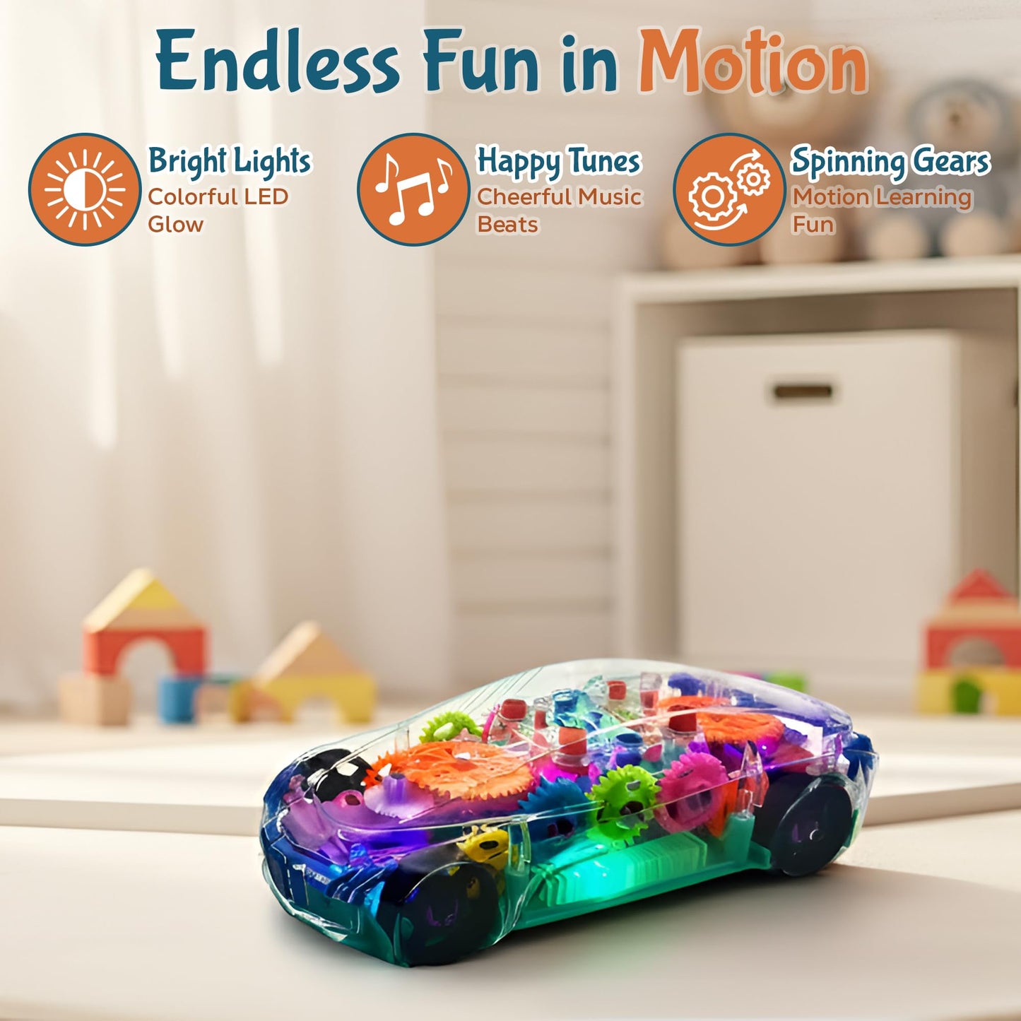 TOOTY TOY Transparent Sensory Gear Toy Car for Kids, Bump & Go Toy Car with Colorful Moving Gears, Music & LED Lights, Interactive Light Up Toys
