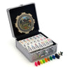 CHH Double 15 Numeral Pro Size Mexican Train & Chicken Domino Set in Aluminum Case - 136 Multicolor Tiles - Complete Set with Train Markers and Hub