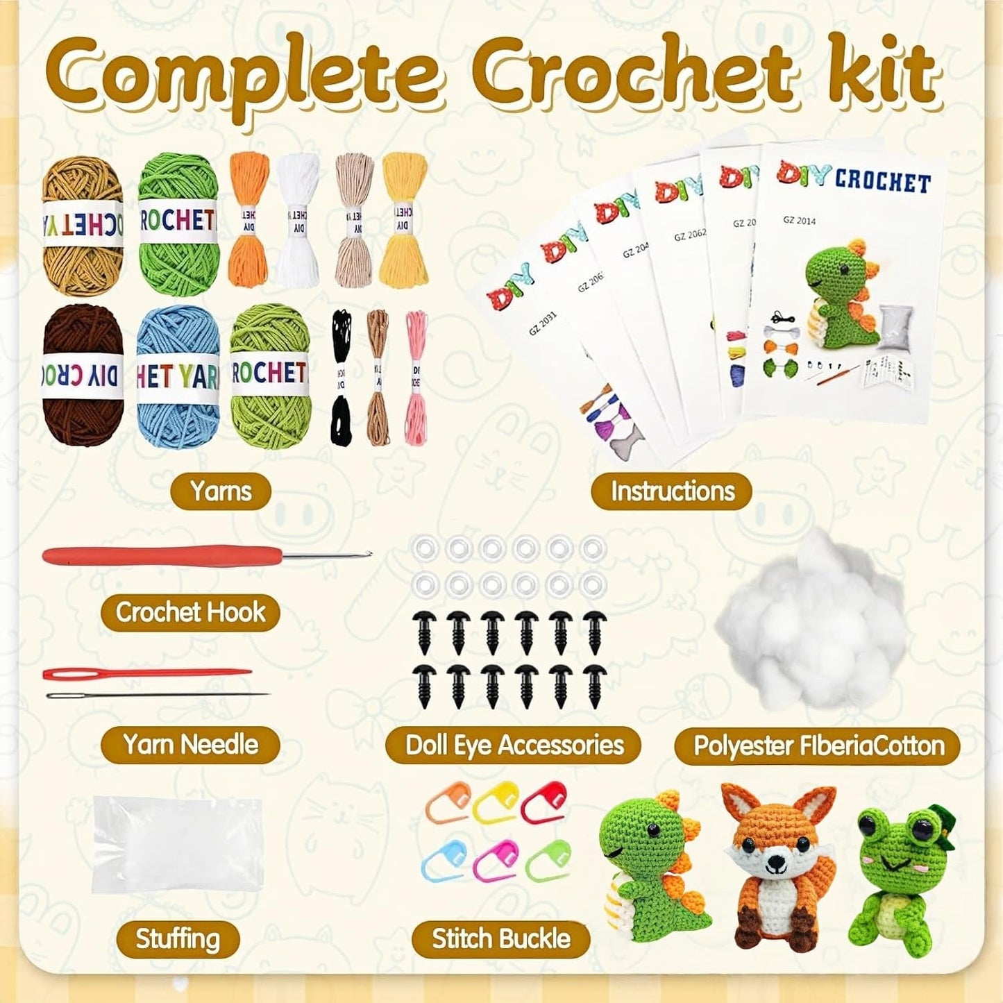 JackCao 6 Pack Crochet Kit for Beginners, 2026 DIY Craft for Adults, Crochet Animal Plush Kit with Step-by-Step Video Guides Tutorials Birthday Gift