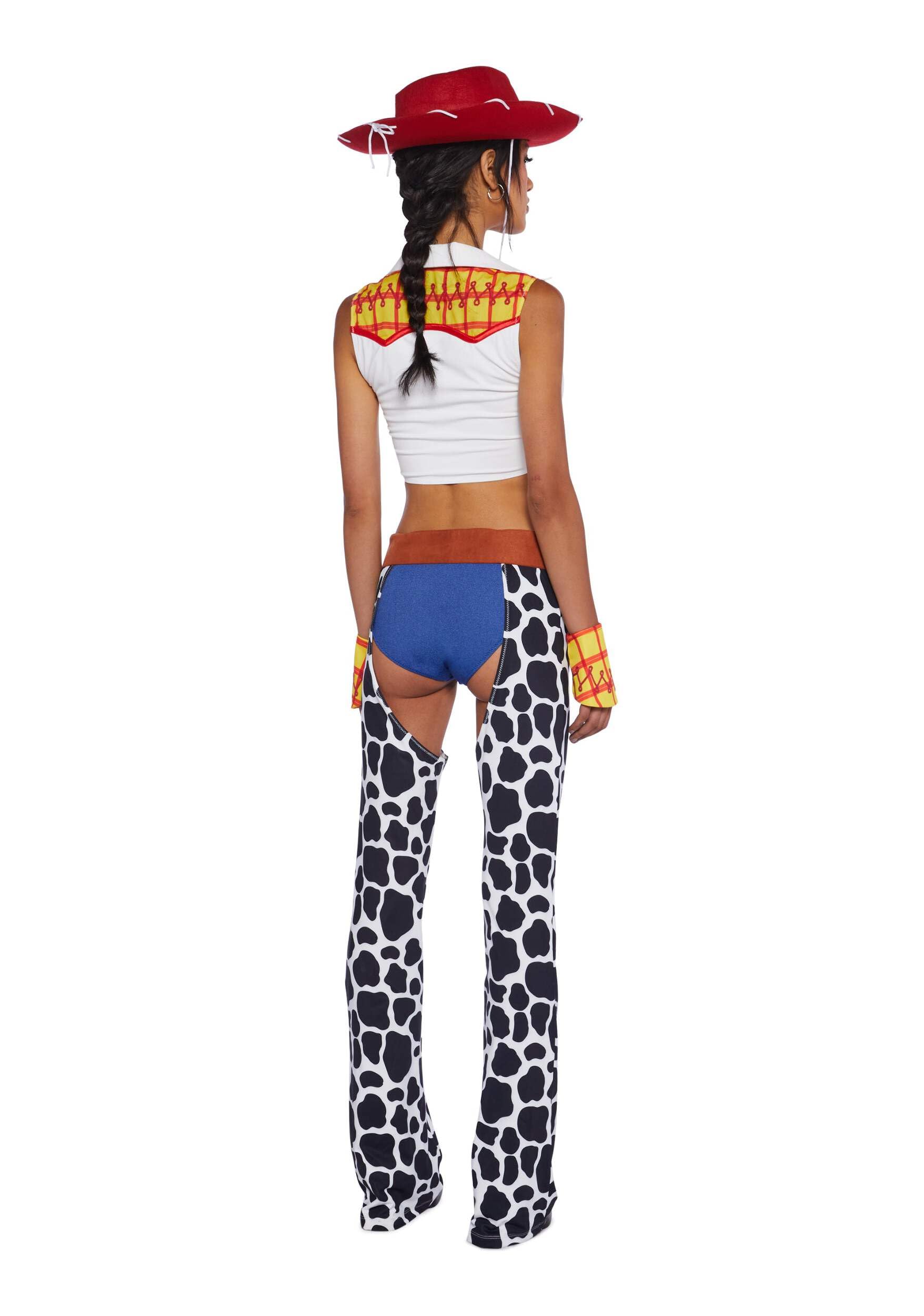 Dolls Kill Round ‘Em Up Cowgirl Doll Costume Set by Trickz N’ Treatz - Women’s Plaid Top with Cow Print Chaps, Hat & Belt, Multi, X-Small