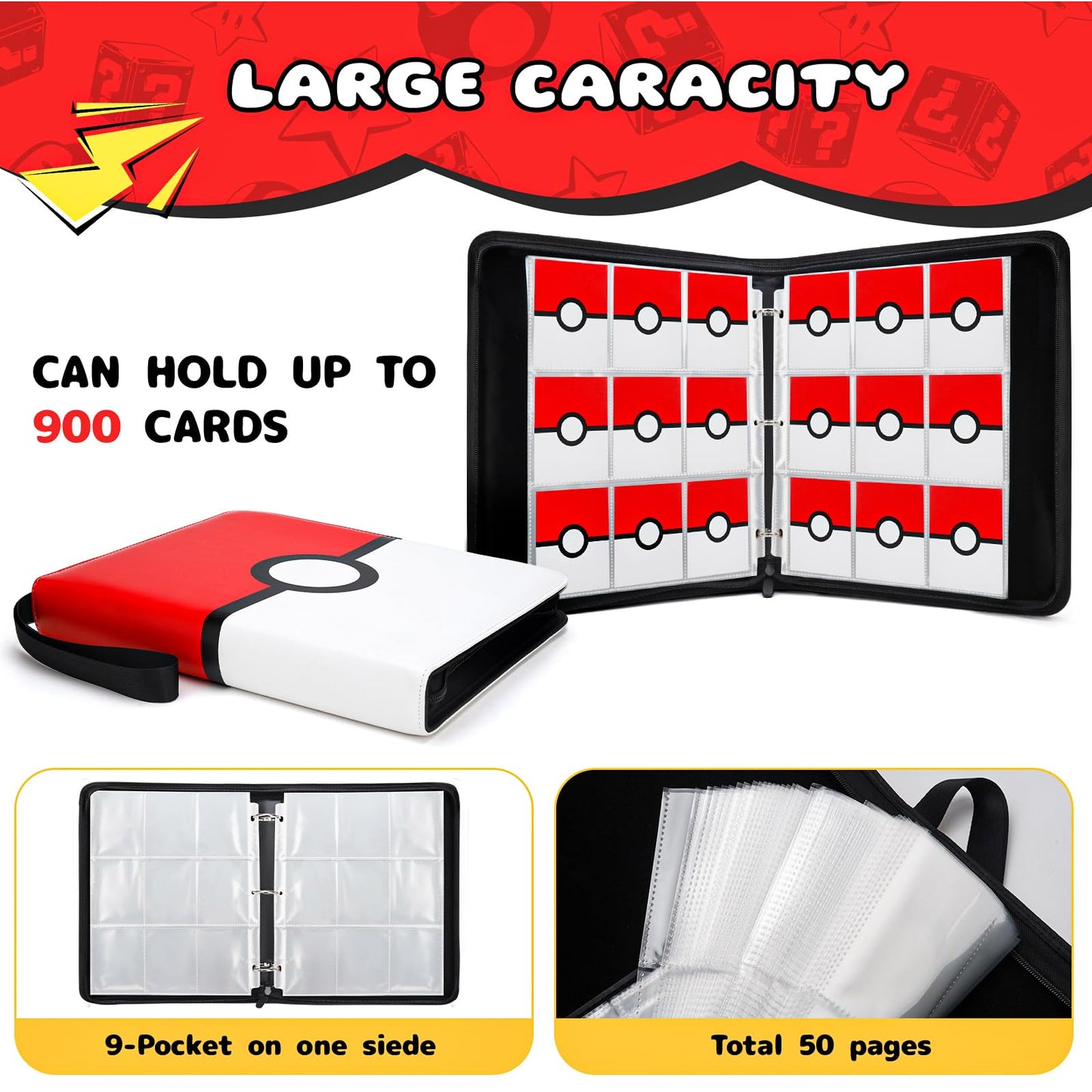 Card Binder 9 Pocket, 900 Pockets Extra Large Trading Card Binder with Zipper, PU Leather Waterproof Card Album Holder, 3-Ring Collectible Card Book