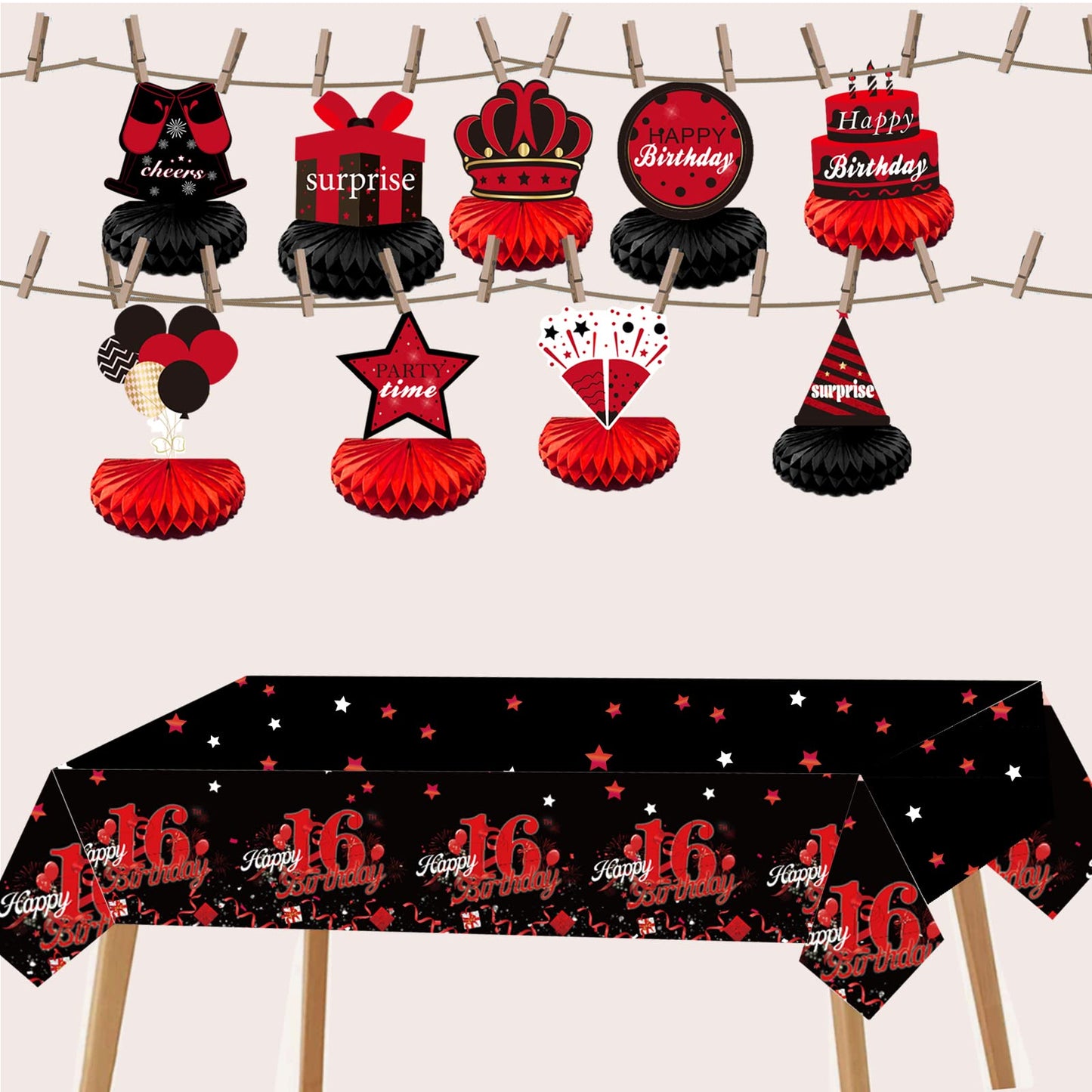 KEWEYA 3 Pcs Happy 16th Tablecloth Decorations for Boy Girl Black Red 16 Birthday Theme Table Cover Party Supplies 16 Years Old Plastic Disposable