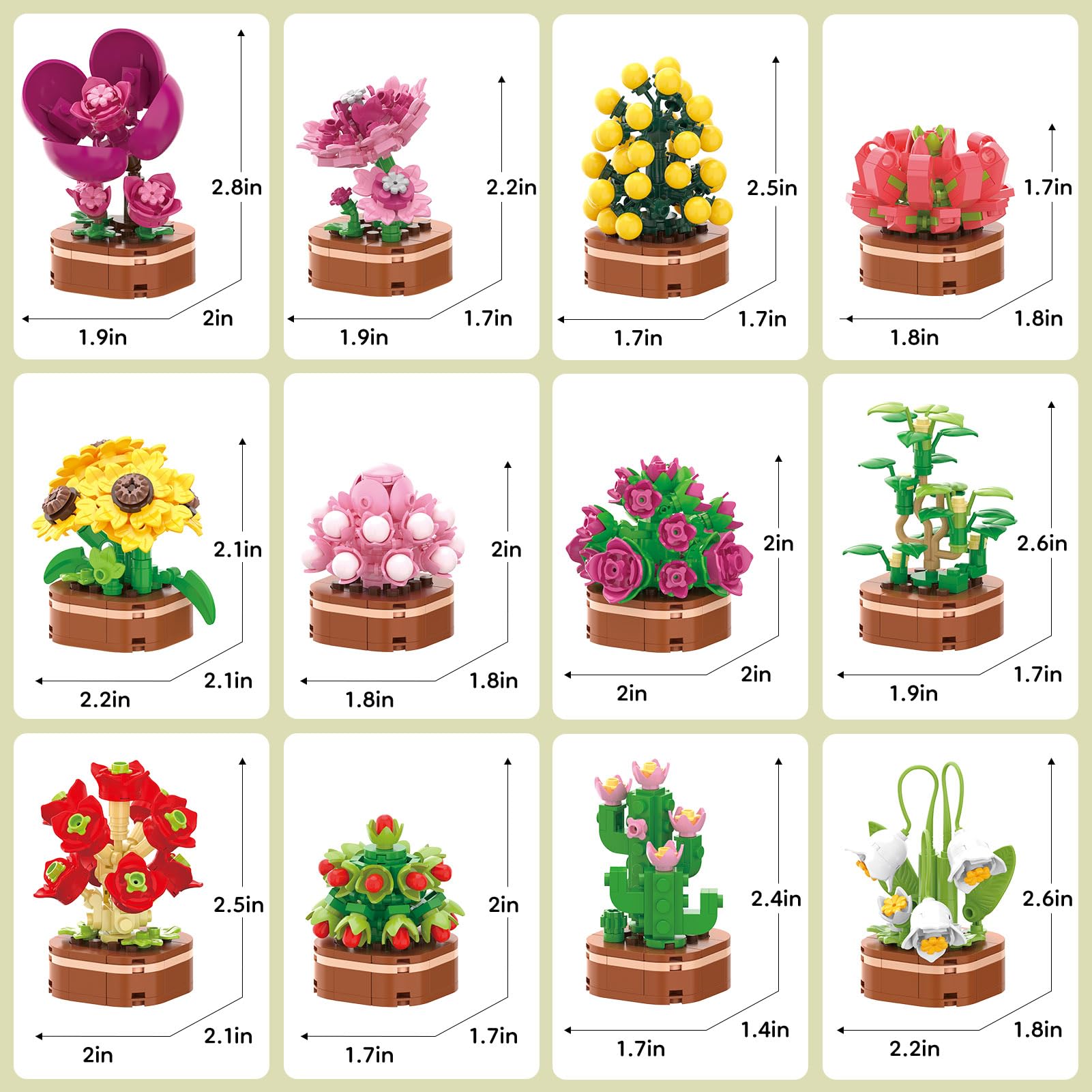 12 Pack Flowers Succulent Party Favors for Kids Building Set, 1001 Pcs Botanical Bonsai DIY Creative Mini Building Blocks for Kids, Artistic Floral