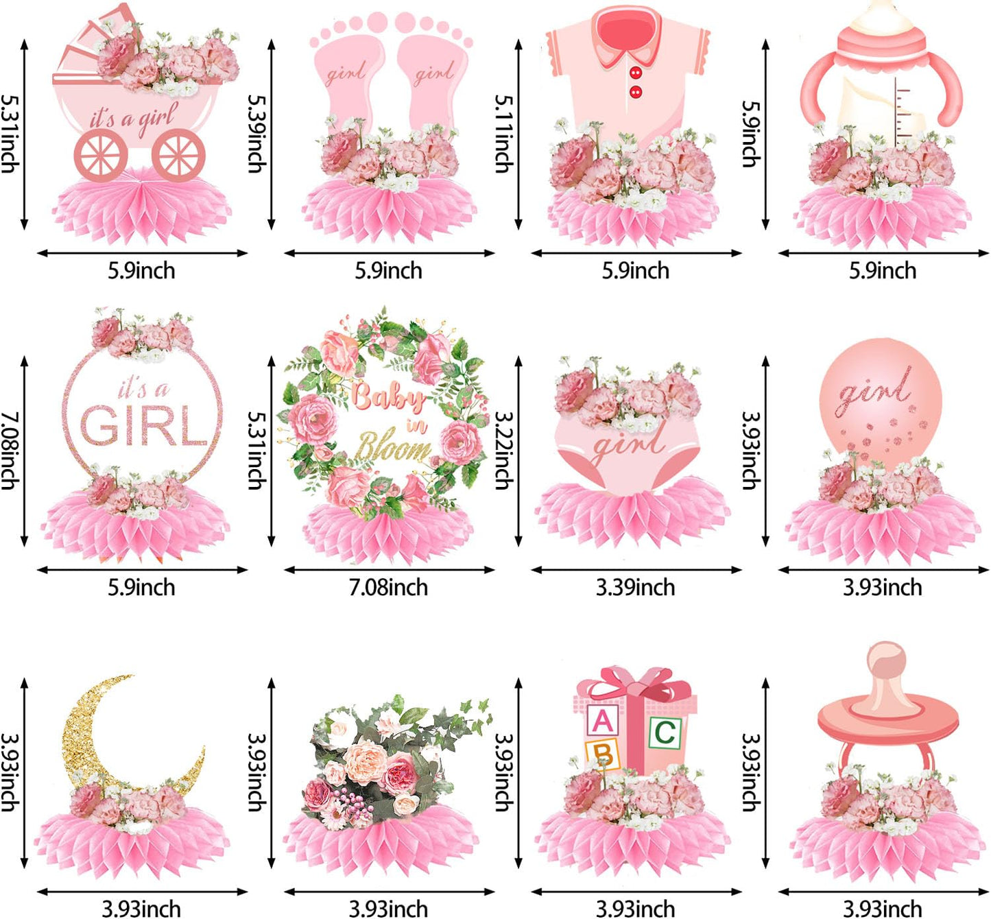 Vifoulal 12 Pcs Baby Shower Honeycomb Centerpieces for Girl, Floral Party Table Honeycomb Decorations, for Newborn Baby Photo Props, Tables Toppers